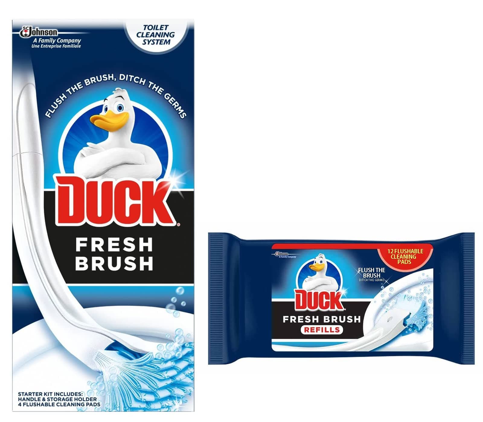 Toilet Duck Fresh Brush with Holder-Toilet Bowl Cleaner Starter Kit- with Duck Fresh Brush Refill (12 Flushable Cleaning Pads) (Duck Brush + Refill)
