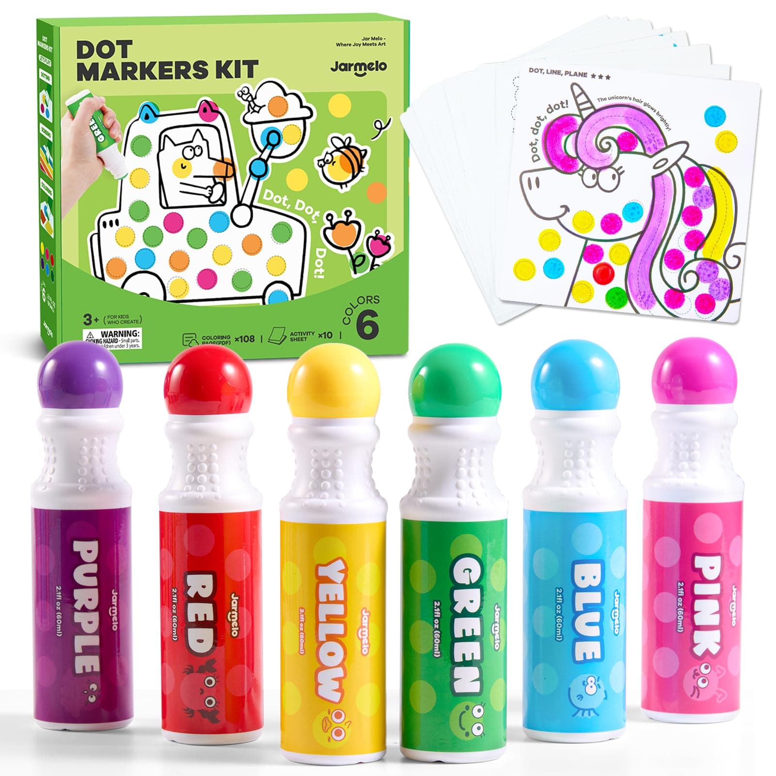 Jar Melo Washable Dot Markers for Toddlers, 6 Colors Bingo Dabber Pens with 120 PDF & 10 Activity Papers, Arts and Crafts Supplies for Preschool, Kids Ages 2-4 Years Old