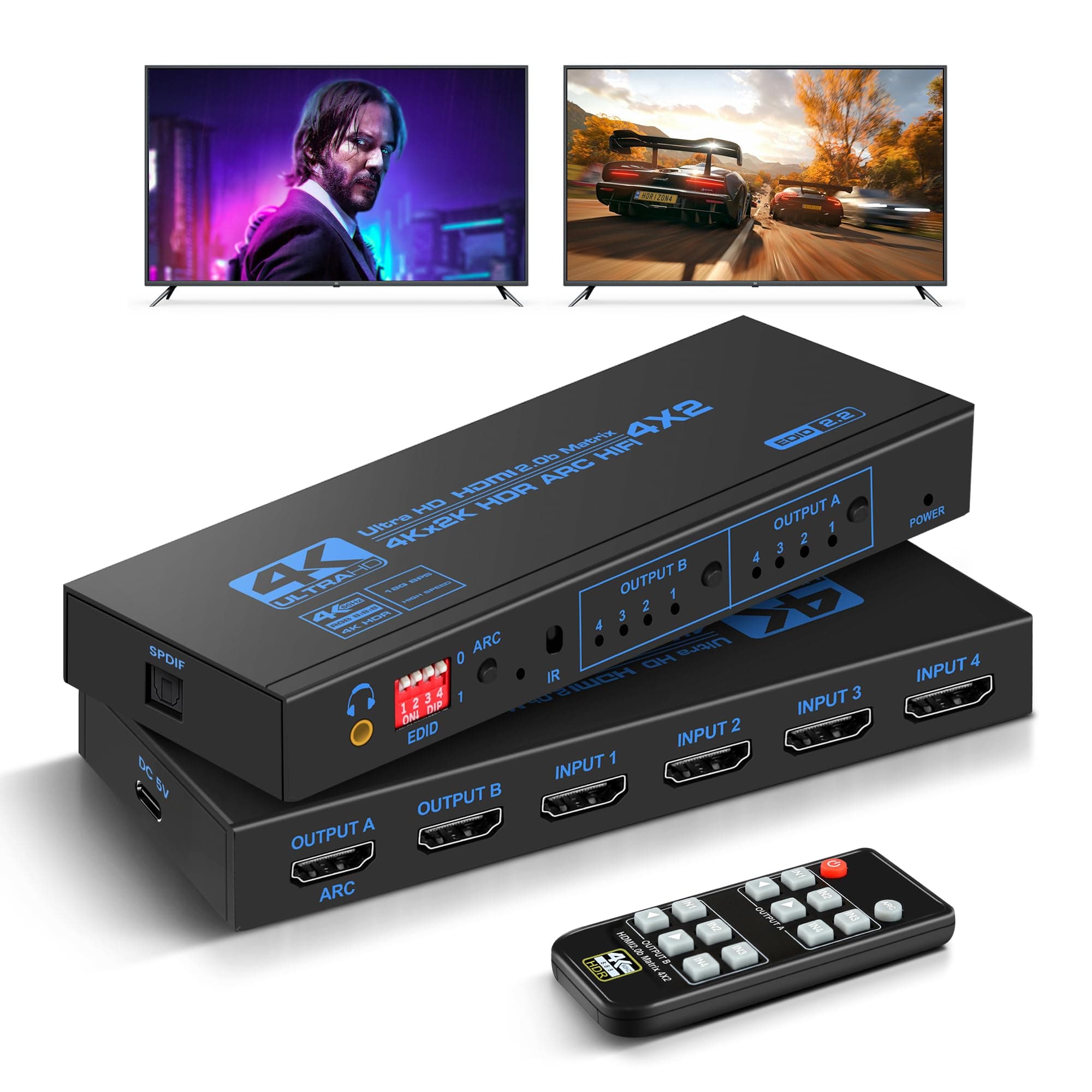 4K@60Hz HDMI Matrix Switch 4X2 with ARC, avedio links 4 in 2 Out Matrix HDMI Video Switcher Splitter + Optical & 3.5mm Stereo Audio, Scaler 4K 1080P Synch, HDM I Audio Extractor with IR Remote Control