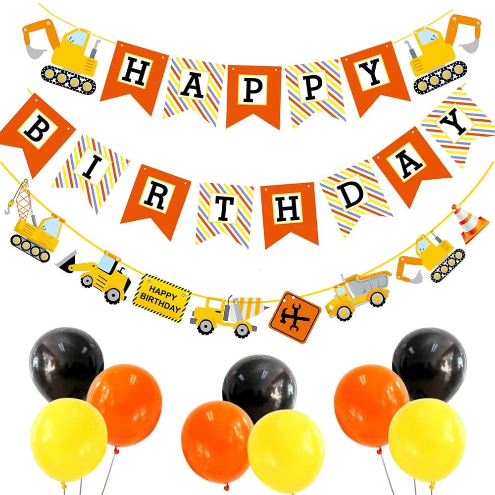 ALISSAR Construction Birthday Party Supplies-2 Construction Birthday Banners with 9-Pack Balloons, Truck Excavator Party Decoration for Boy