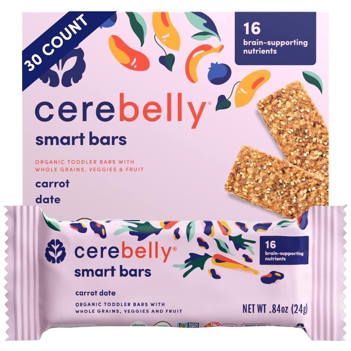 Cerebelly Toddler Snack Bars | Organic Carrot Date Smart Bars | Healthy Snack for Kids | 16 Brain-supporting Nutrients, Gluten Free, Nut Free, No Added Sugar | Pack of 30