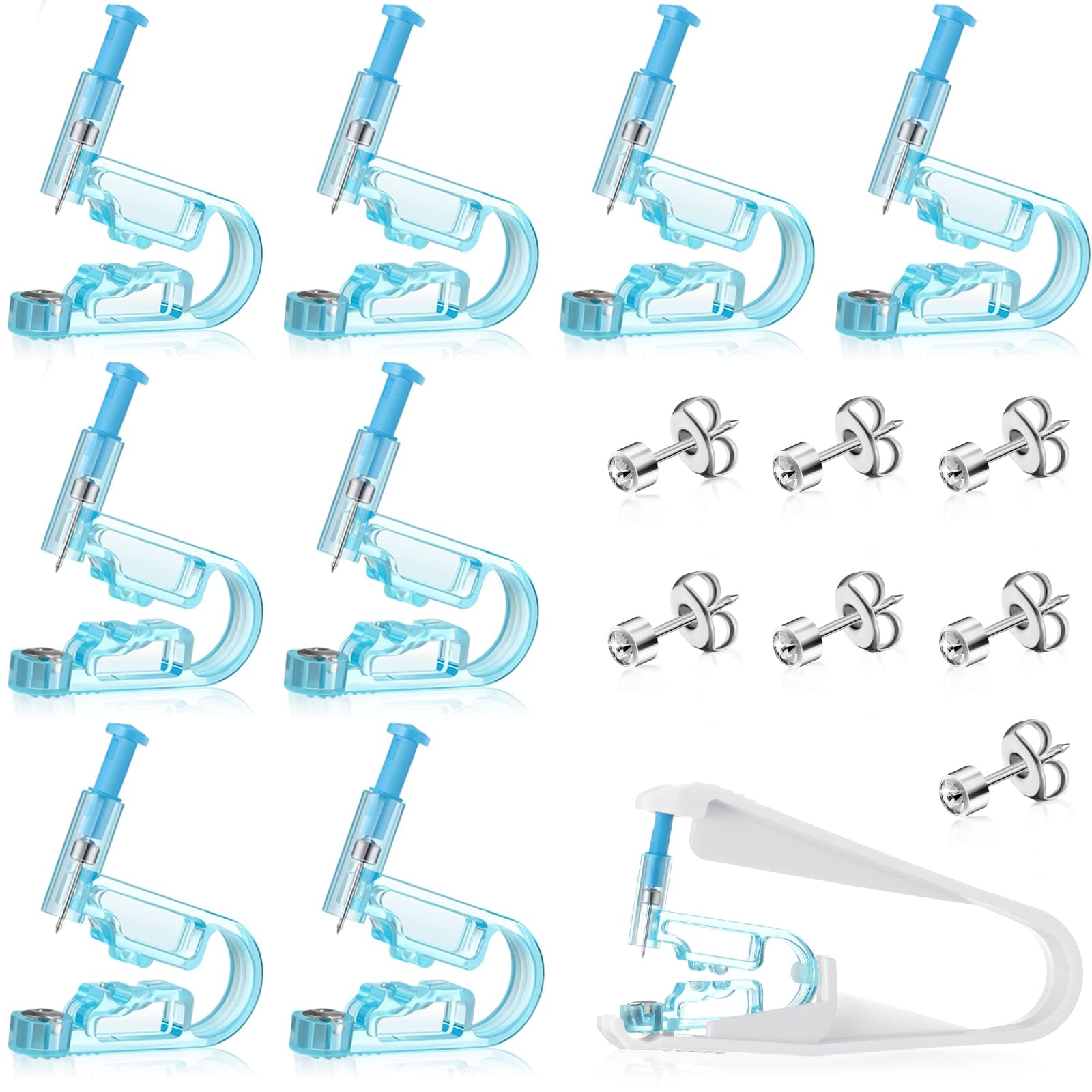 8 Pieces Ear Piercing Kits Disposable Ear Piercing Gun Portable Self Pierce Kit Blue Gun Piercing Kit Ear Piercings with Ear Studs Assistant Tool for Earlobe Auricle Piercing at Home