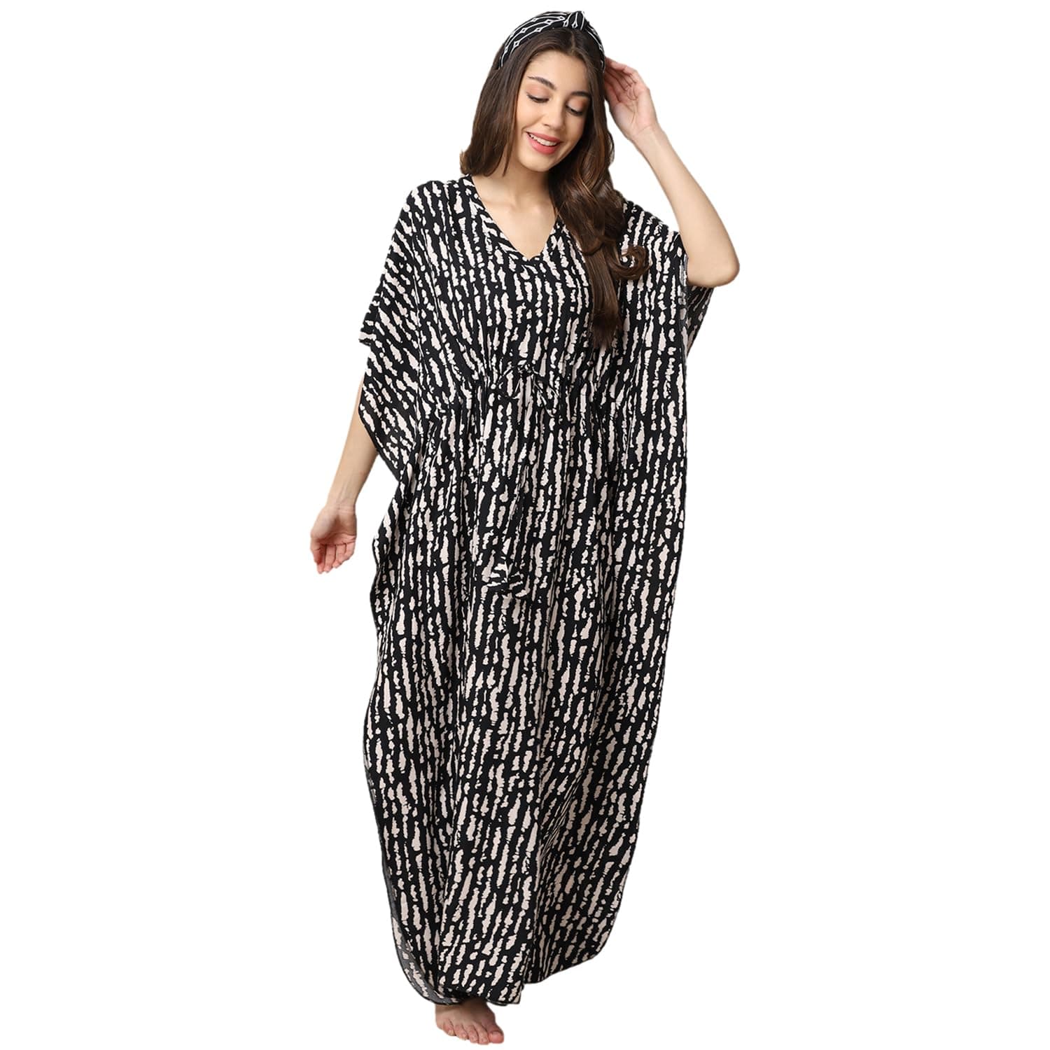 Black Printed Maxi Nightdress for Women Kaftan Nighty Rayon Free Size/Kaftan