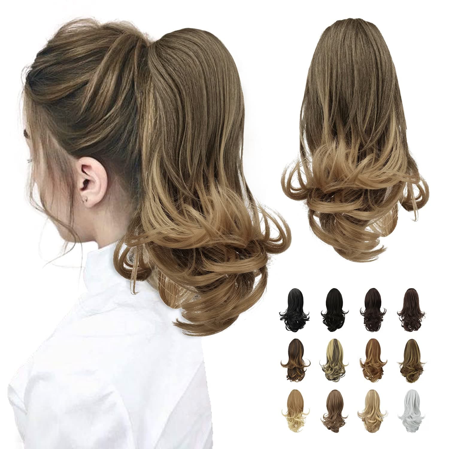 SOFEIYAN (33cm Claw Clip in, Dark Brown to Sandy Blonde) - 33cm Ponytail Extension Long Curly Ponytail Clip in Claw Hair Extension Natural Looking Synthetic Hairpiece for Women, Dark Brown to Sandy...