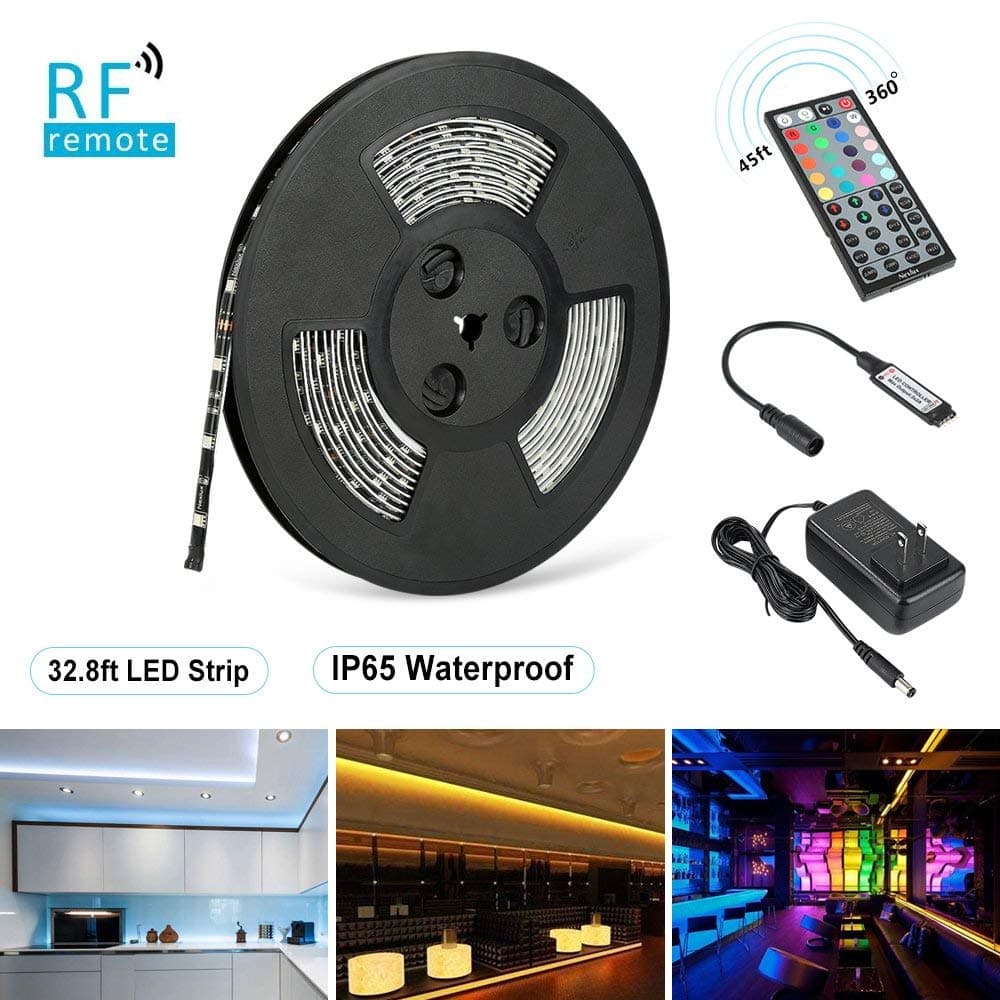 Nexlux LED Strip Lights, 32.8ft Waterproof IP65 5050 SMD RGB LED Flexible Strip Light Black PCB Board Color Changing Decoration Lighting 44 Key RF Controller+ UL Approved Power Adapter