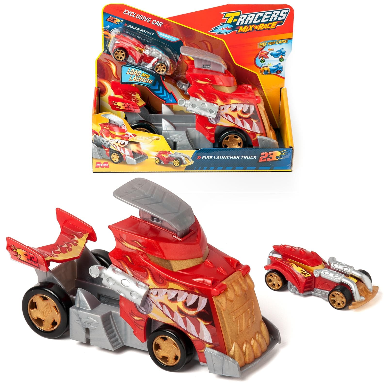 MIX´N RACE Fire Launcher Truck – Launcher truck with fire details. Includes 1 exclusive T-Racers vehicle - press the trigger to launch. Compatible with other T-Racers Mix ´N Race