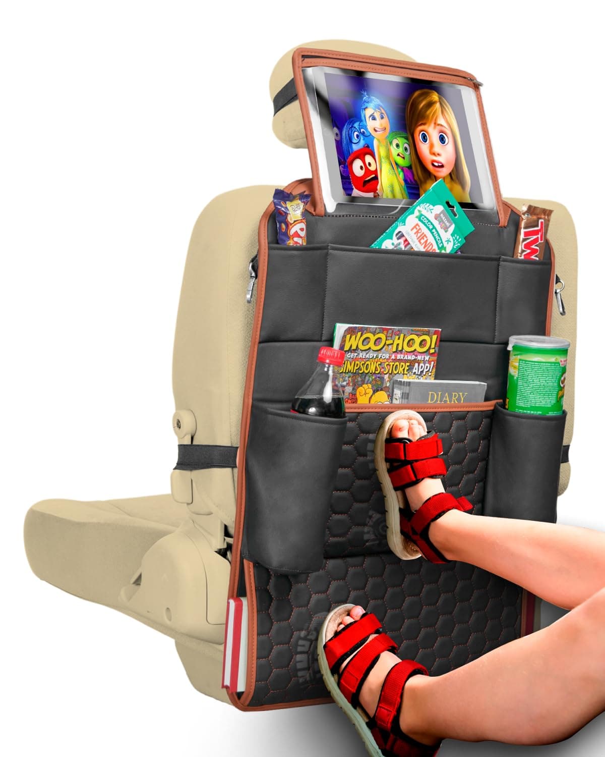 Owleys Car Seat Organizer Backseat Back Organizers & Storage Of Automotive Seatback Toy Organization For Kids Black Brown Tan (Hexy One), 18.5x27.5in…