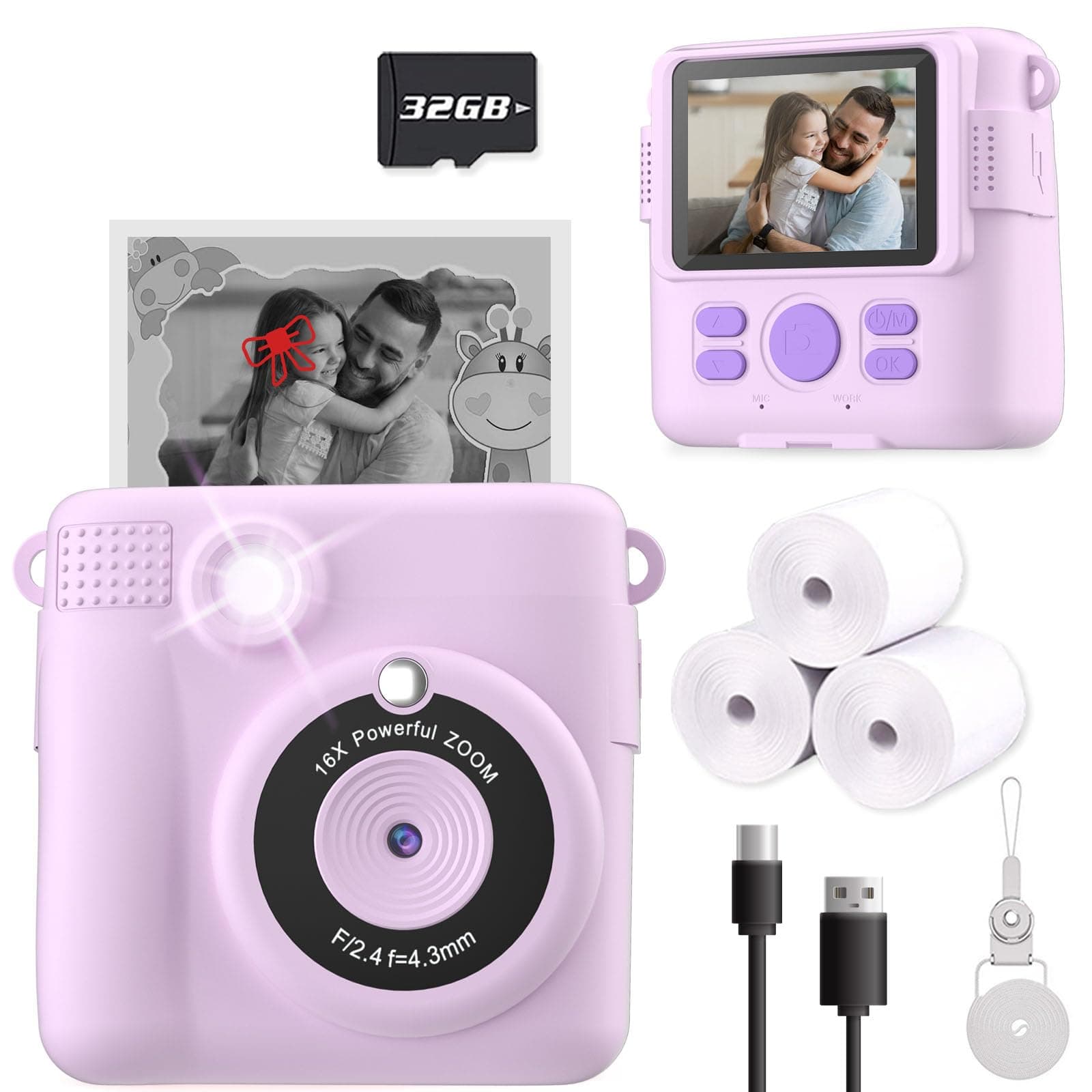 Instant Print Camera for Kids, Christmas Birthday Gifts for Girls Boys Age 3-12,Kids Digital Cameras for Toddler, Portable Toy for 3 4 5 6 7 8 9 10 Year Old Girl with 32GB SD Card-Purple