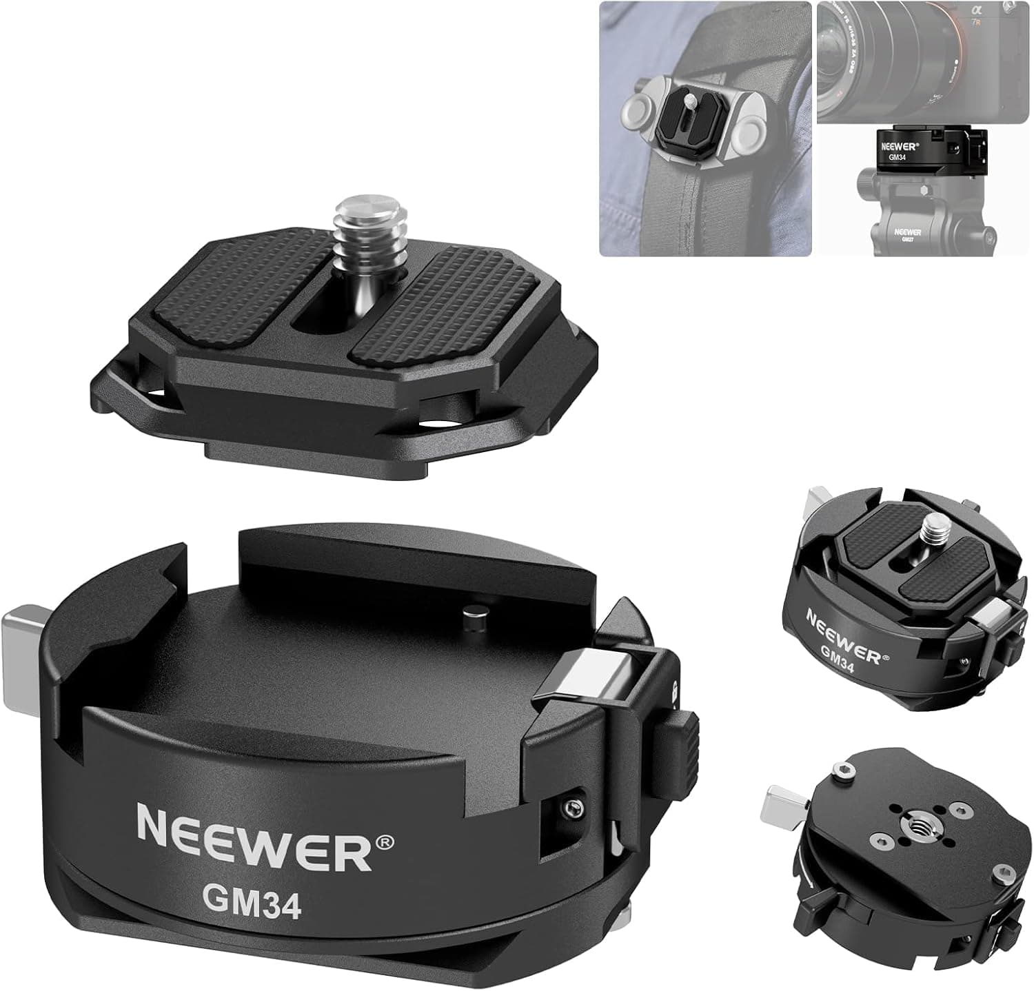 GM34 Camera Quick Release Plate Kit, Quick Switch Auto Lock Square QR Mount Plate with Arca Type Clamp Base, Compatible with Arca Swiss Peak Design Capture V3 Camera Clip, Max Load 11lb/5kg