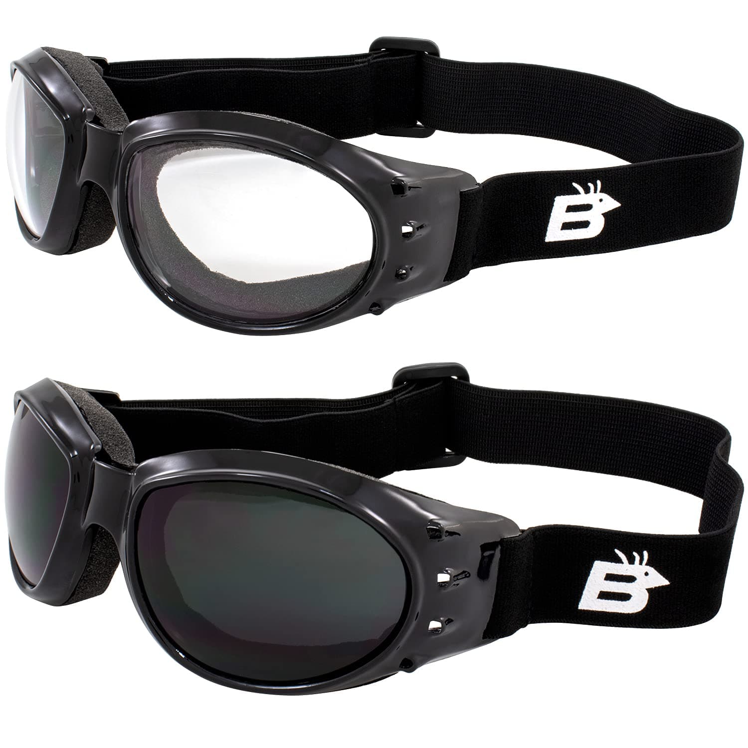 Birdz Eyewear Two 2 Pairs Birdz Eagle Padded Motorcycle Goggles Airsoft Googles Comes with Clear Super Dark Smoke Day and Night riding comfort You Should Have Googles For Any Weather Condition