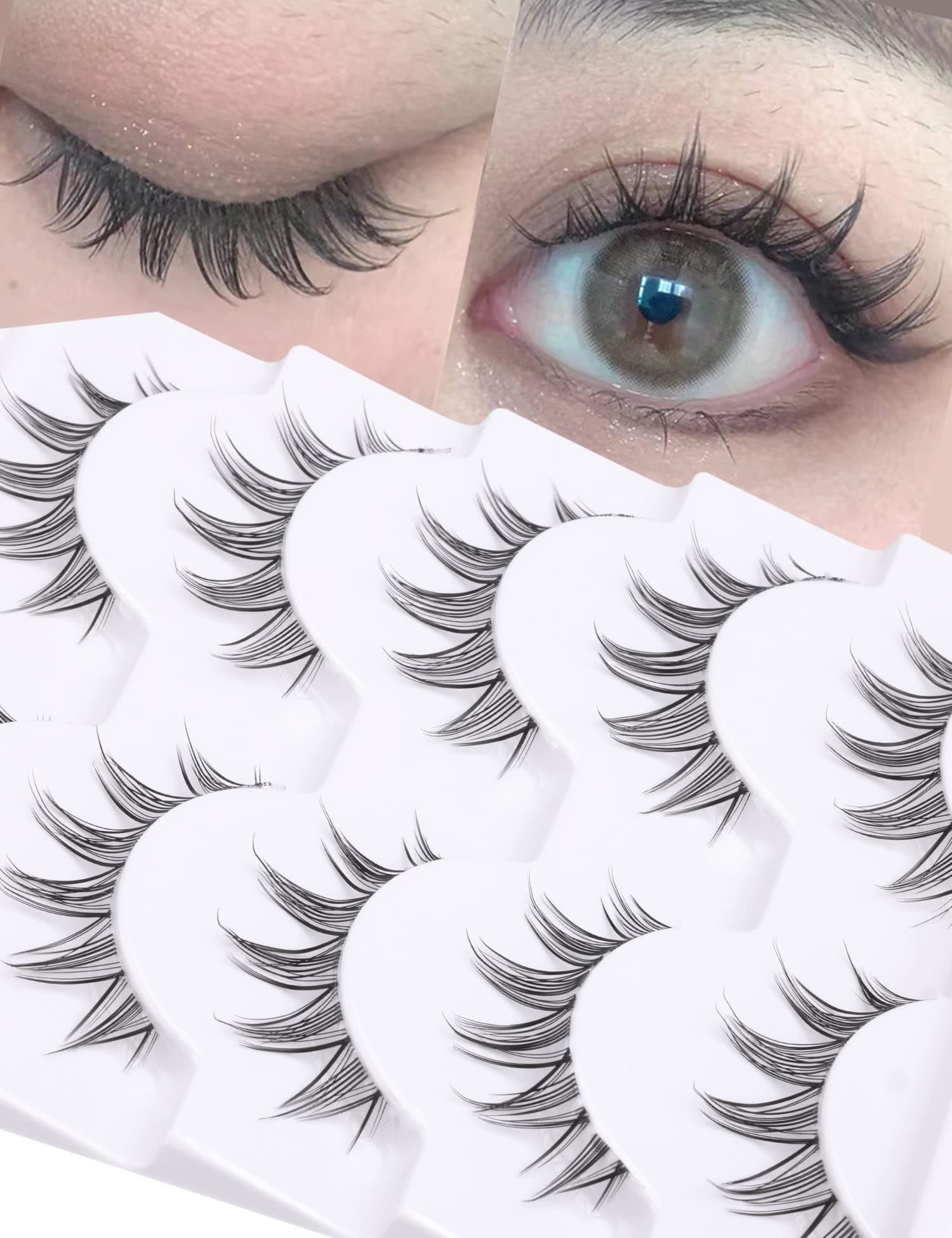 Asian False Lashes Natural Look Eyelashes Wispy 3D Fake Eyelashes Manga Spiky Eye Lashes Pack Clear Lashes Band 5 Pairs ALICROWN Doll Eyelashes