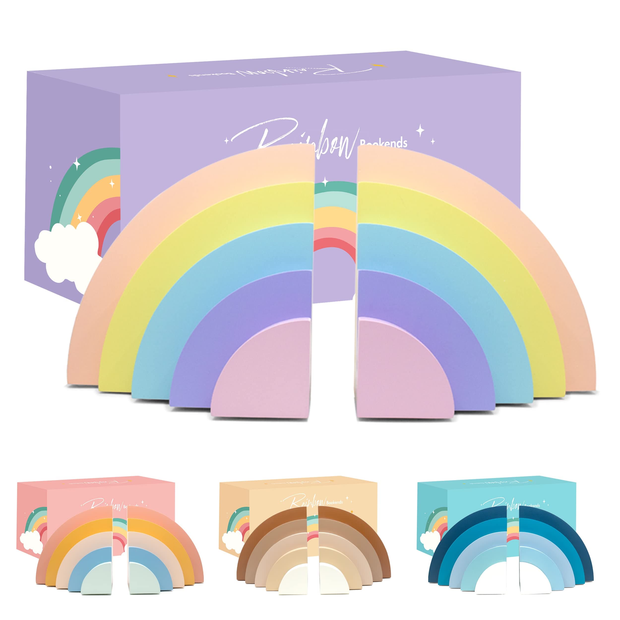 Decorably Pastel Rainbow Bookends for Kids - 1 Set Non-Skid Wooden Decorative for Girls and Boys Room, Baby's Nursery, Classroom Decor