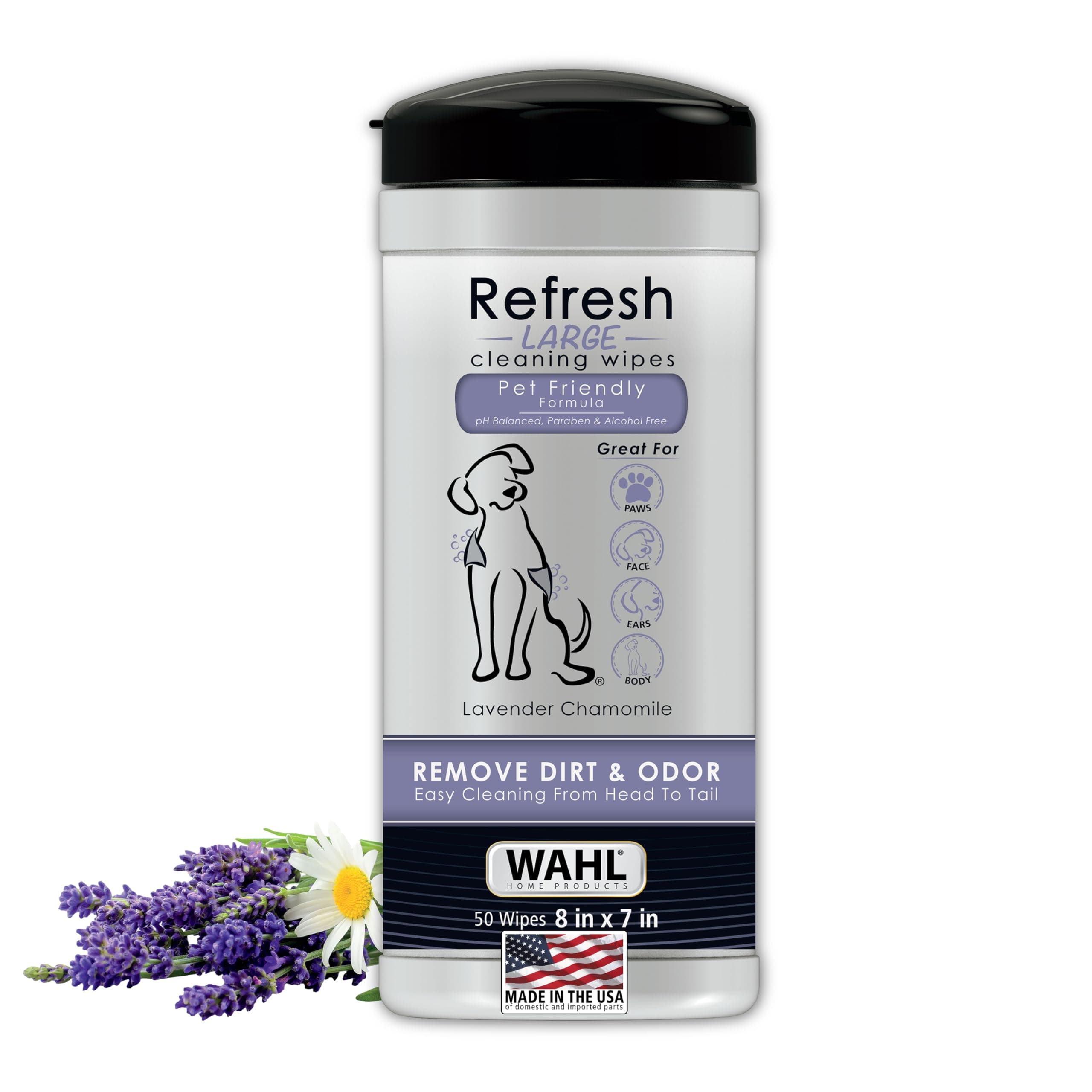 Wahl USA Pet Refresh Lavender Cleaning Wipes for All Dog Breeds - Use on Ears, Nose, Paws, Bottom, & Sensitive Areas - 50 Wipes - 820018A