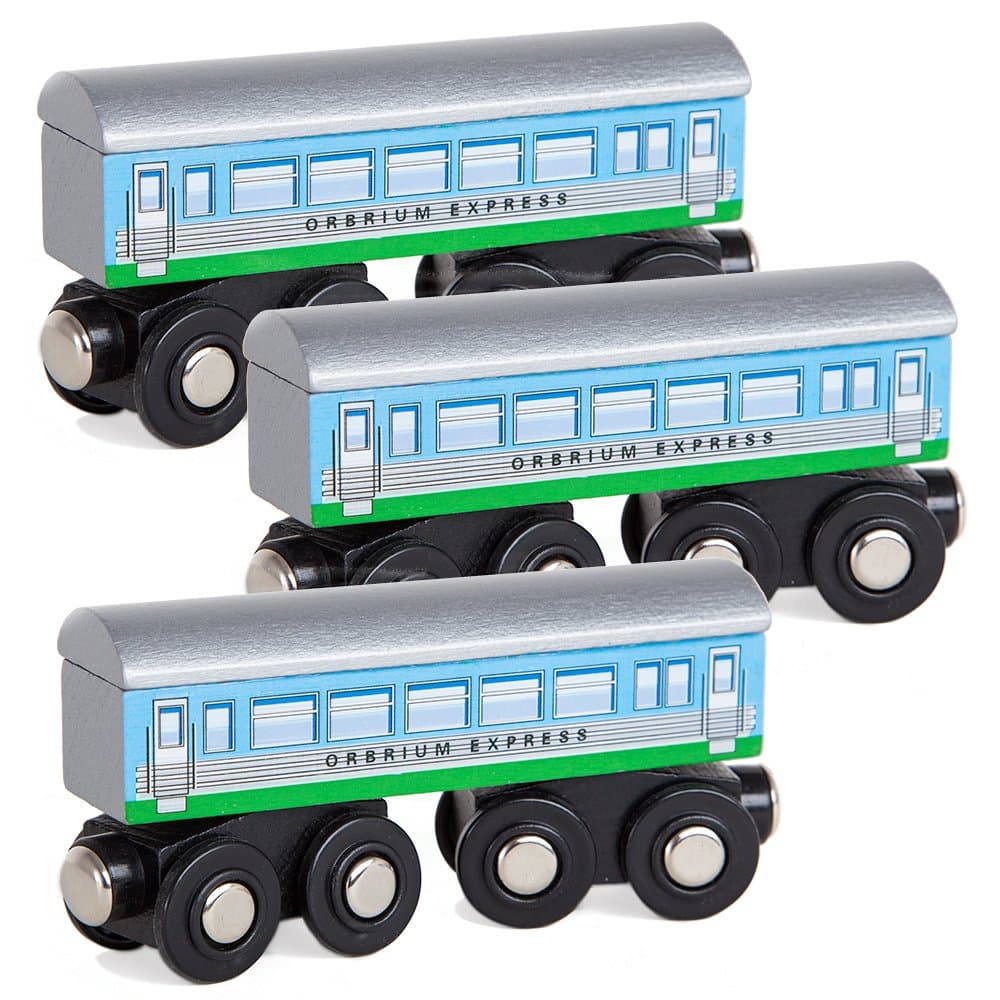 Orbrium Toys 3 Pcs Large Wooden Railway Express Coach Cars, Fits Thomas, Brio, Chuggington