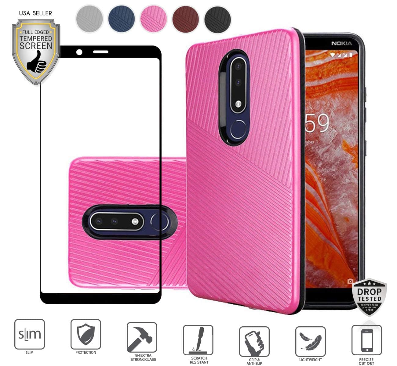 Compatible for Nokia 3.1 Plus Case (Plus Version Only) with Full Edged Tempered Glass Screen Protector, Premium Tough Armor Shield Hybrid [Shockproof] Textured Lined Design Dual Layer Case (Hot Pink)