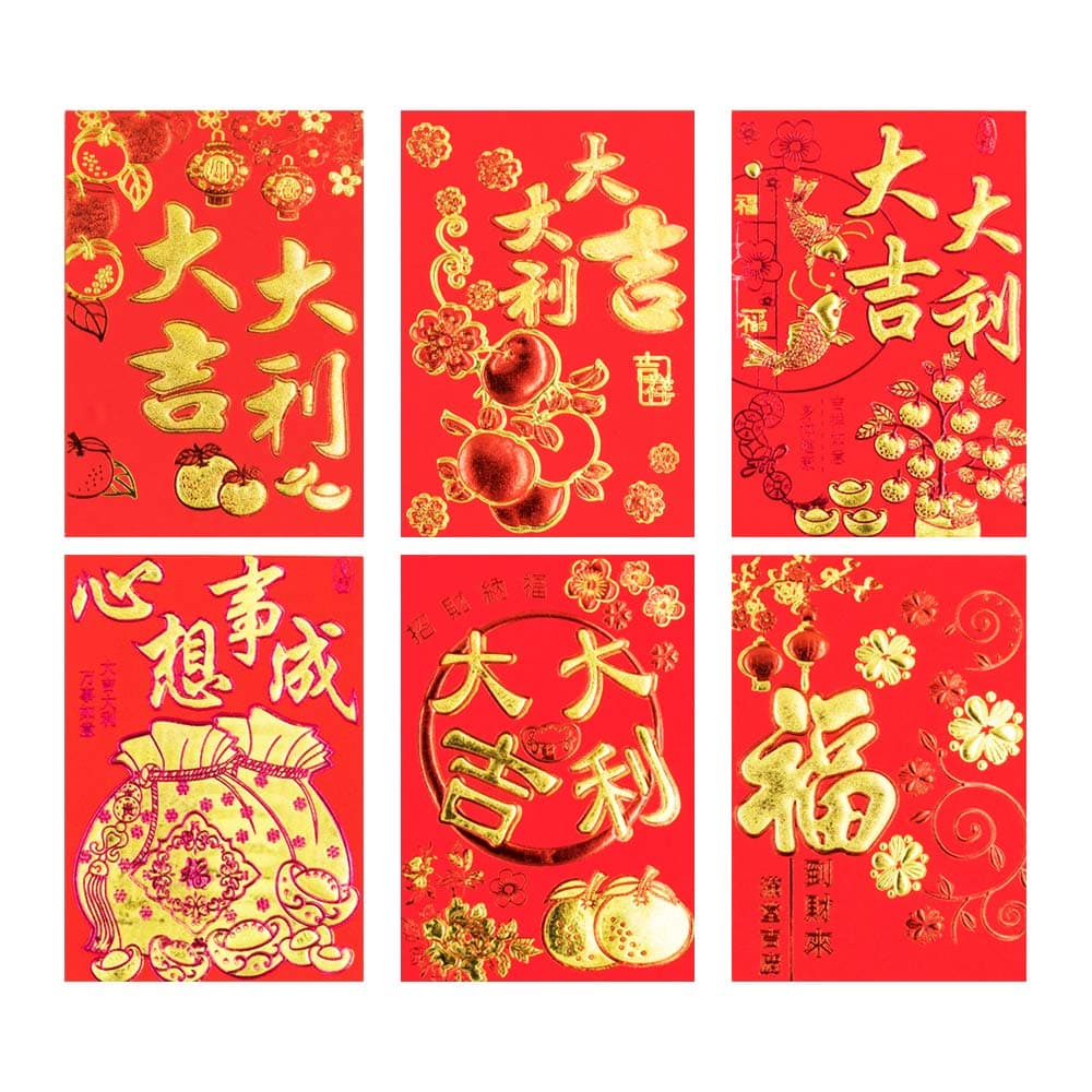 Chinese Red Packets, 36 pcs in 6 Designs, 3.15" W x 4.53" H, Hong Bao, Red Envelopes for Chinese New Year, Spring Festival, Lucky Money Packet