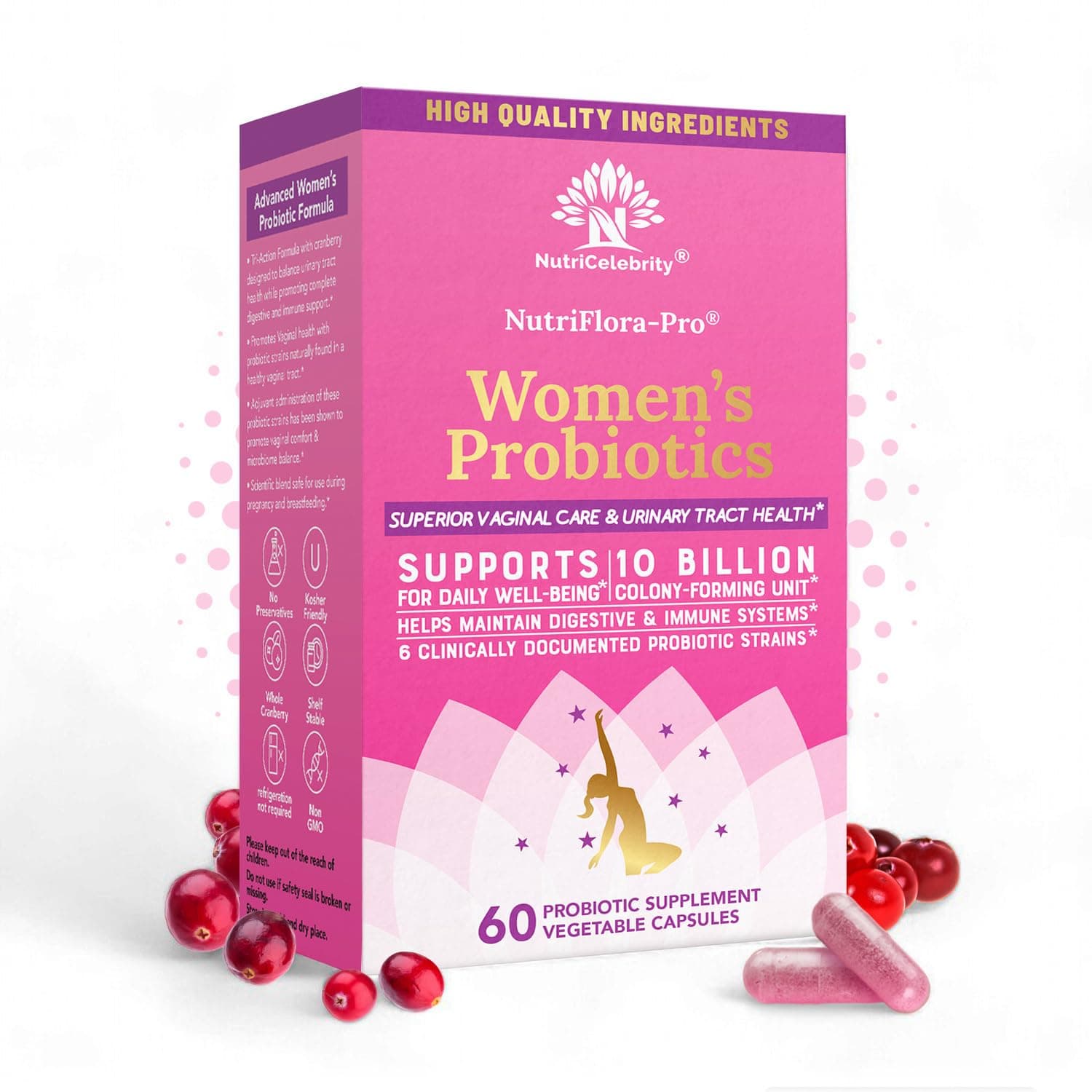 Nutricelebrity NutriFlora-Pro Probiotics for Women - Support Vaginal, Urinary Health (UTI), Digestive System, Period Pain, Yeast, and BV Relief, Cranberry Pills, 10 Billion CFU 6 Strains (60 Caps)