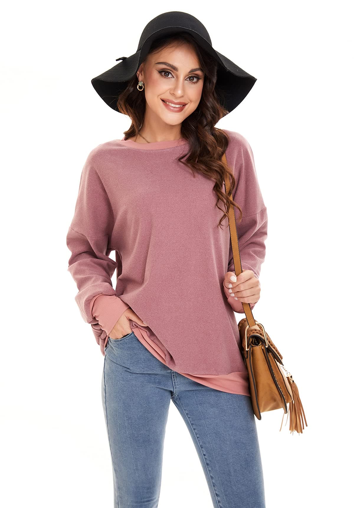 Freemale Women's Casual Crewneck Sweatshirts Long Sleeve Shirts Solid Color Fit Fall Tops