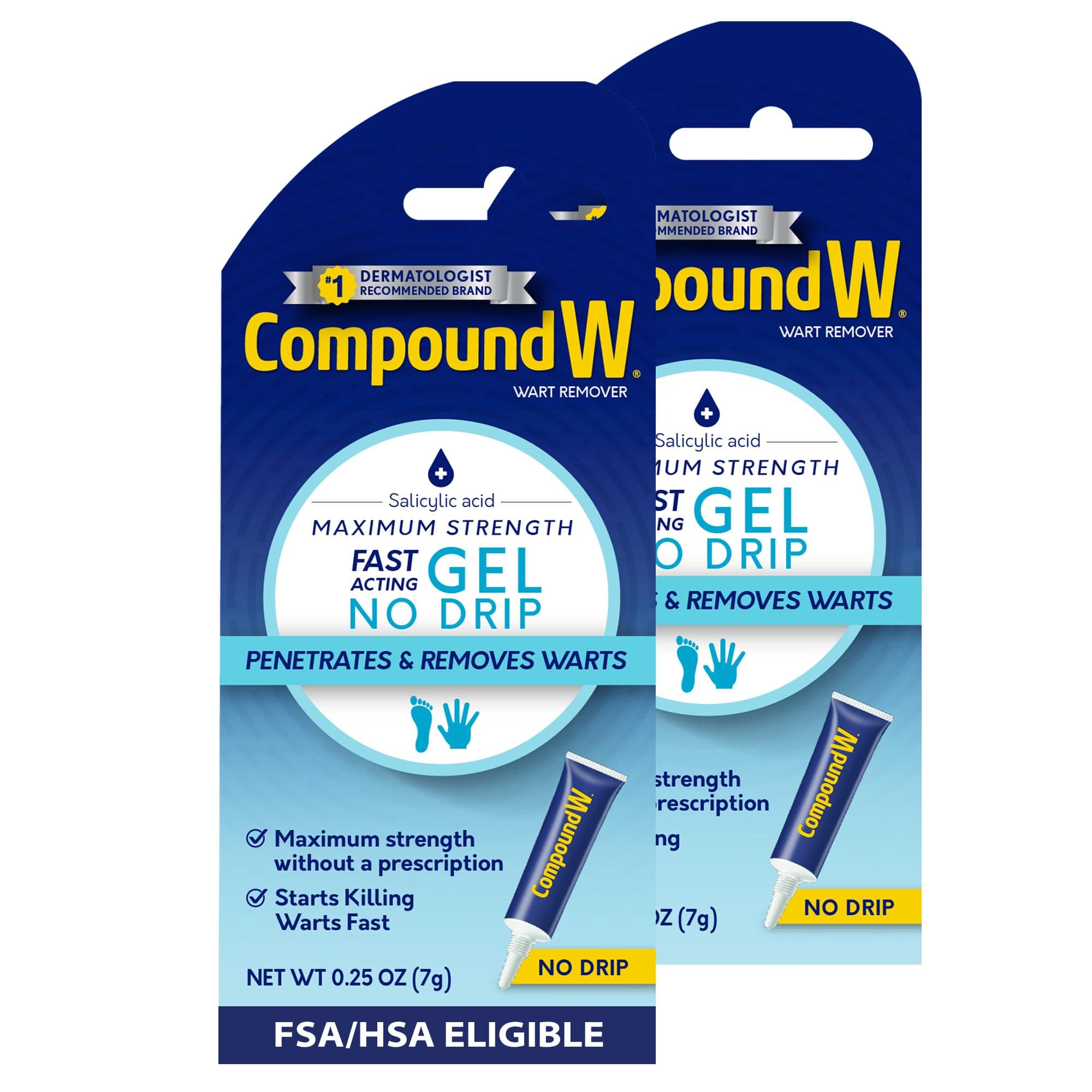 Compound W Maximum Strength Wart Remover with Salicylic Acid, Fast-Acting Gel Plantar Wart Remover Works on Common & Plantar Warts, 0.25 Oz, Pack of 2