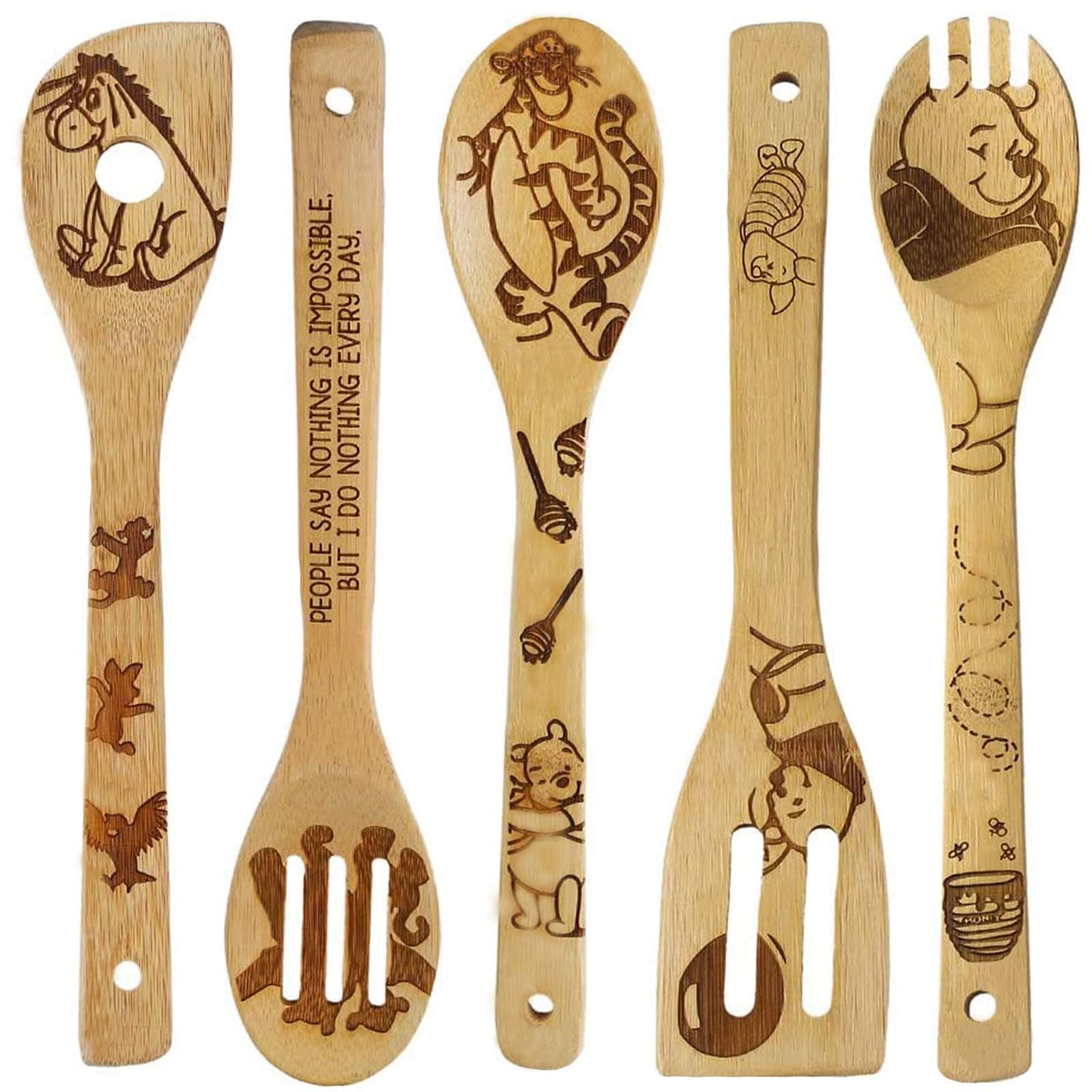 Winnie The Bear Gifts for Women - 5 PCS Wooden Spoons Cooking Utensils,Cartoon Bear Wooden Spoon & Spatula for Cooking and Baking,Valentines Gifts for Her,Mothers Day Gifts