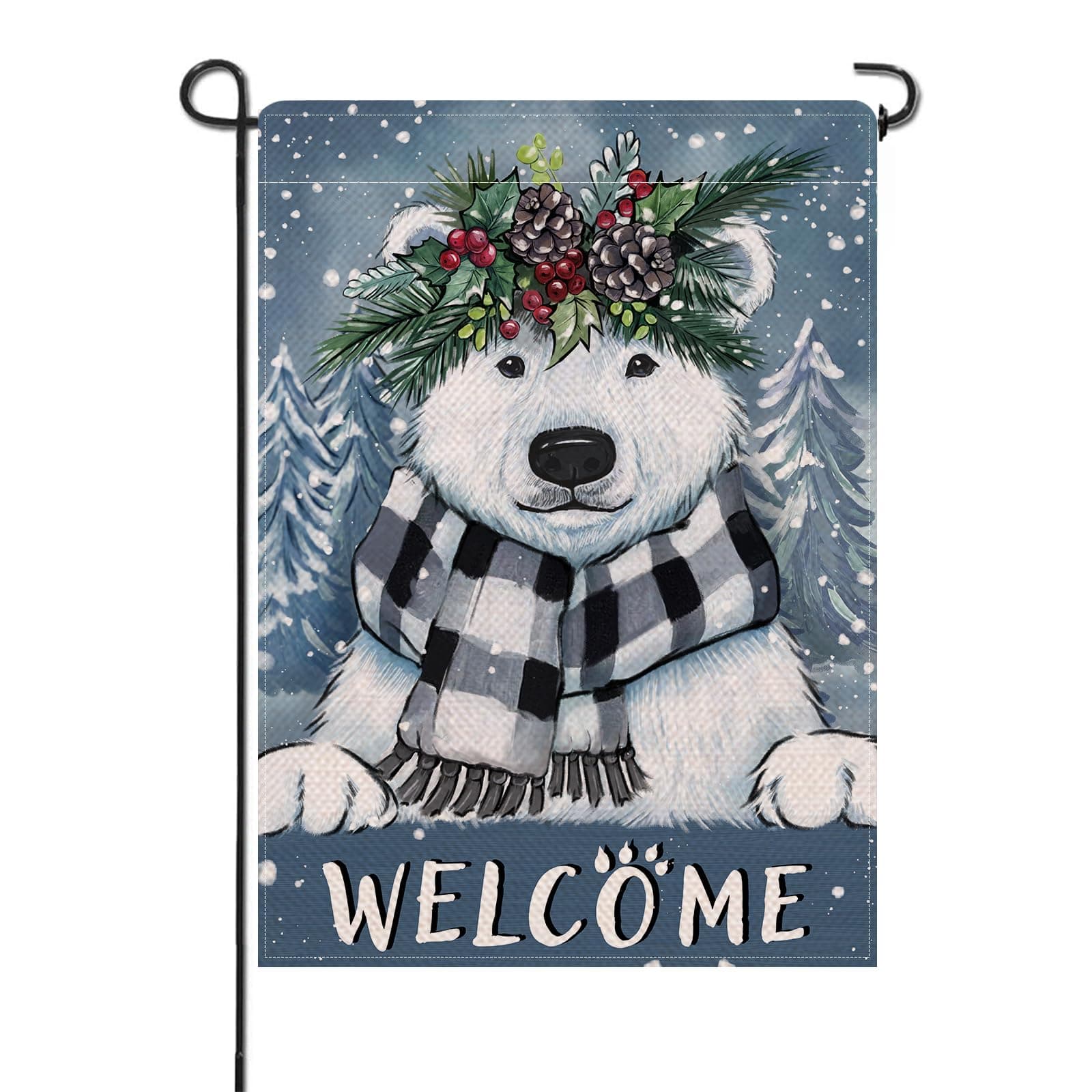 Artofy Welcome Winter Polar Bear Small Decorative Garden Flag, Buffalo Plaid Check Scarf Pine Tree Yard Lawn Outside Decor, Snowy Christmas Farmhouse Burlap Outdoor Home Decoration Double Sided 12x18