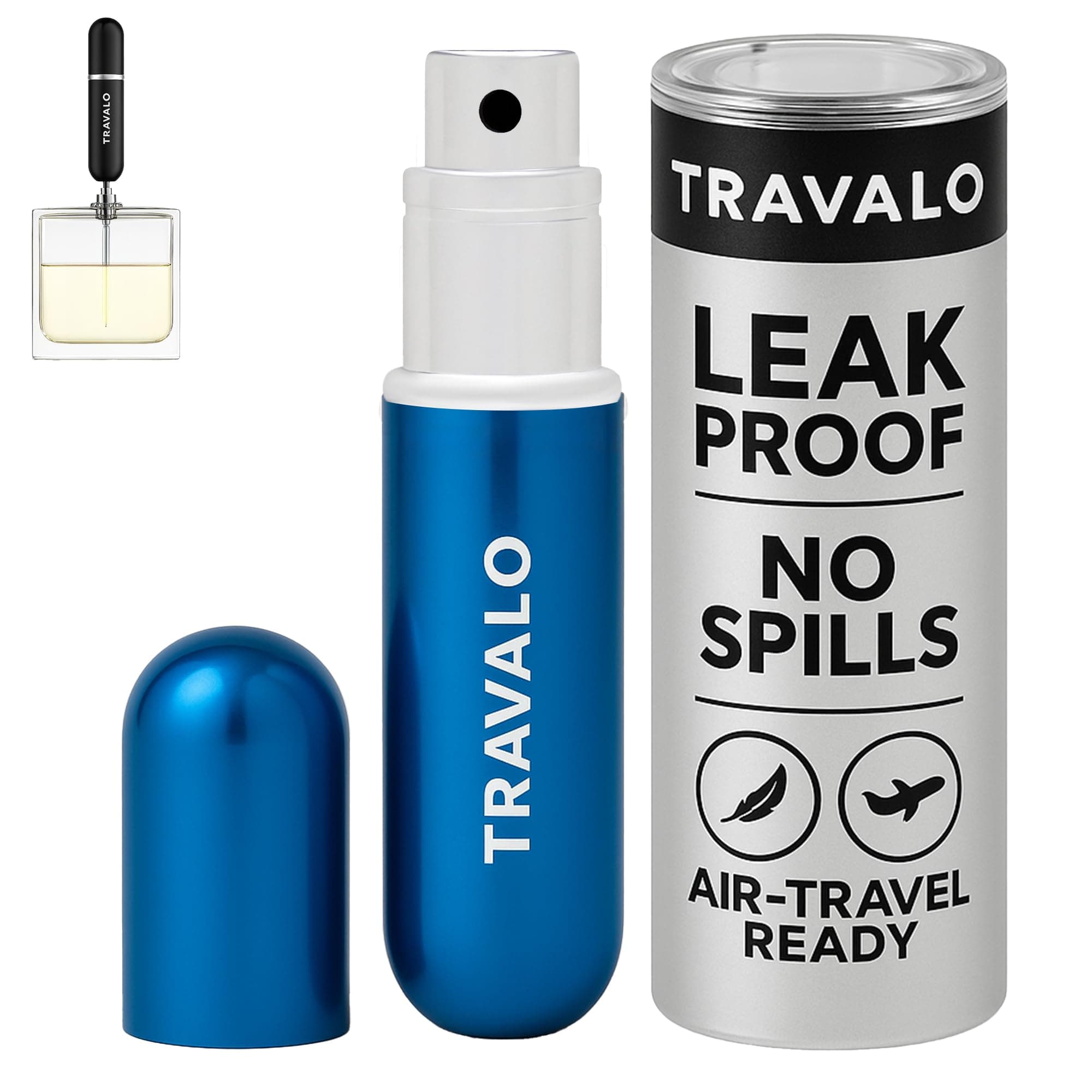 Travalo Classic HD Perfume Atomizer - Leak-Proof and TSA Approved for Air Travel - Reusable, Airtight, Easy-Fill Mini Pump Sprayer - Lightweight, Elegant Design w/Volume Window - Blue - 0.17oz