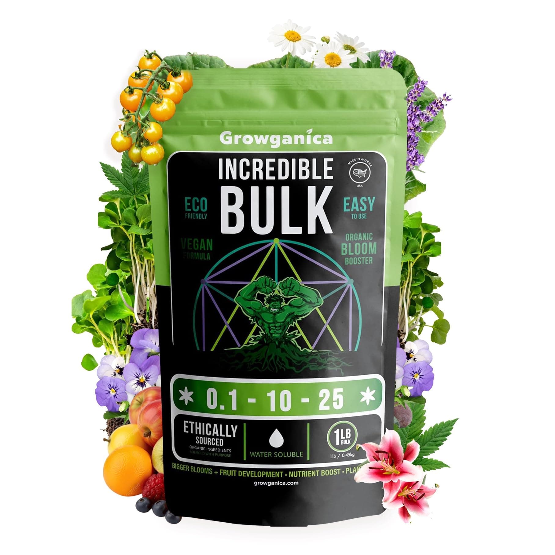 Organic Bloom Booster, Incredible Bulk 0.1-10-25. Organic Vegan Plant Food (1lb)