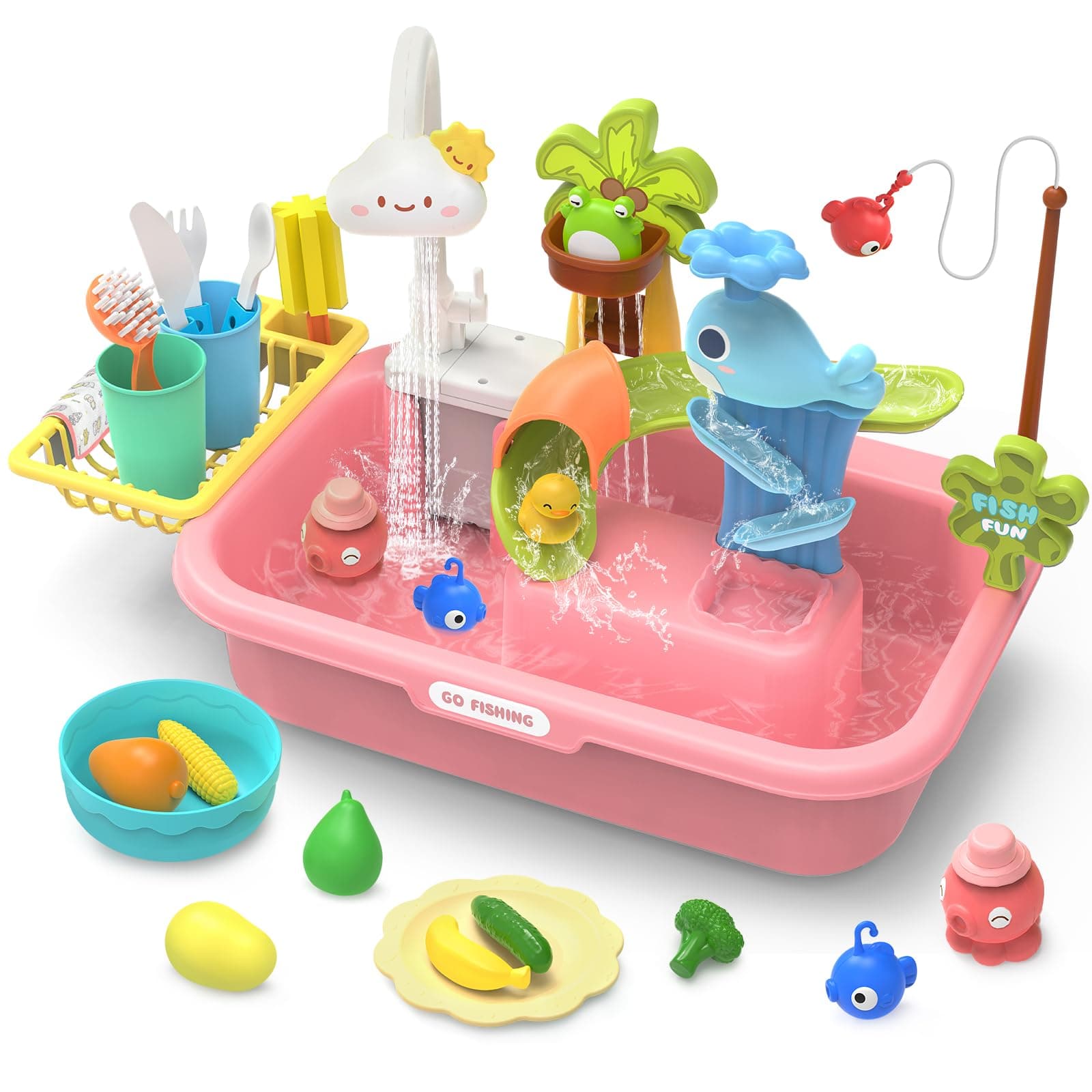HOLYFUNPlay Sink with Running Water, Kitchen Sink Toy with Upgraded Electric Faucet, Water Slide Track, Fishing Game Pool, and Floating Toys for Pretend Play,Dishwasher Toy for Kids and Toddlers
