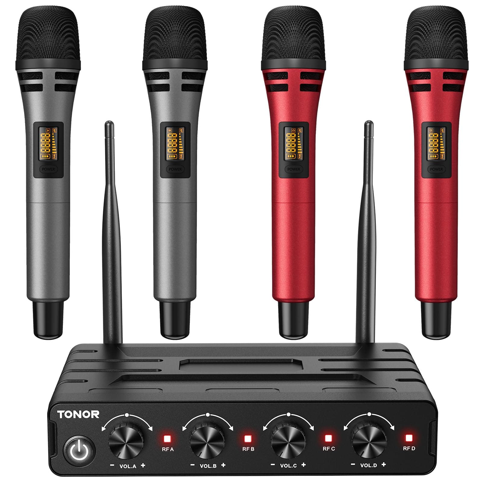 TONOR Wireless Microphones System with 4x10 Channels Cordless Handheld Microfono Inalambrico, UHF Mics with Stable Signal Transmission for Karaoke Singing Party Church Wedding 60 m/200ft Red