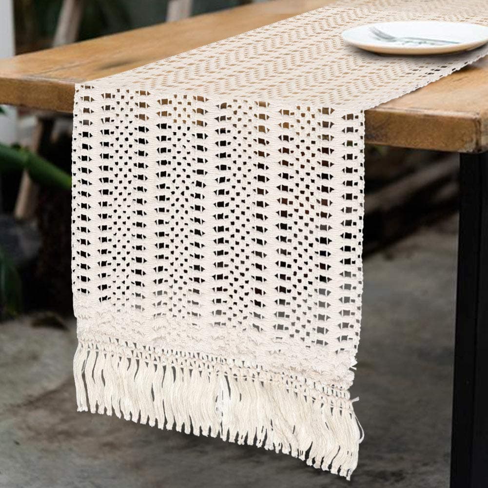 OurWarm Boho Cotton Table Runner - 108 Inches Long Crochet Lace Macrame Rustic Modern - Ideal for Wedding, Bridal Shower, Home Decor