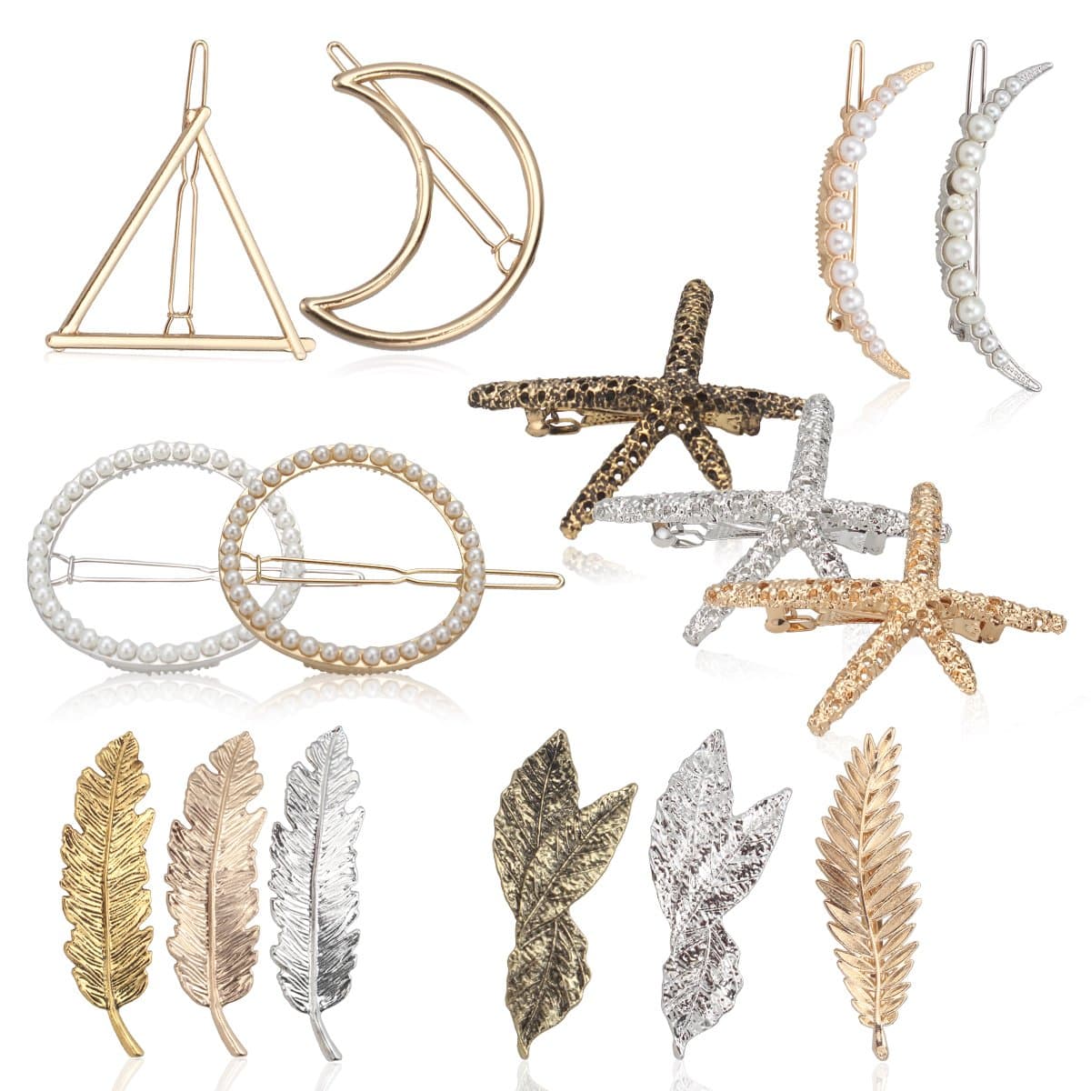Cavetee Vintage Hair Clips, 15 Pieces Hair Barrettes for Women Girls, Stylish Shaped Leaf Moon Circle Triangle Starfish Gold Silver Hair Pins