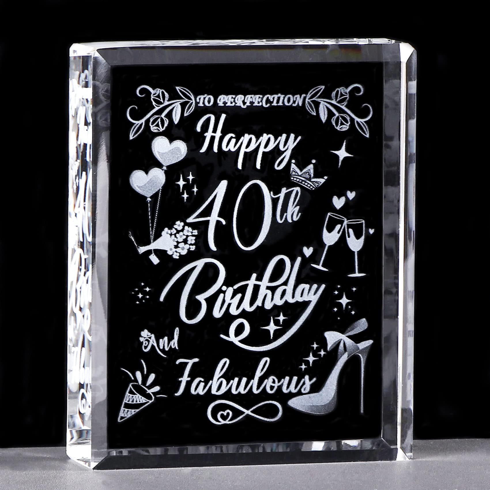 Happy 40th Birthday and Fabulous Gifts for Women, Laser Engraved K9 Crystal Plaque Keepsake for Friend 40 Years of Age, Unique Birthday Present Ornament Collection