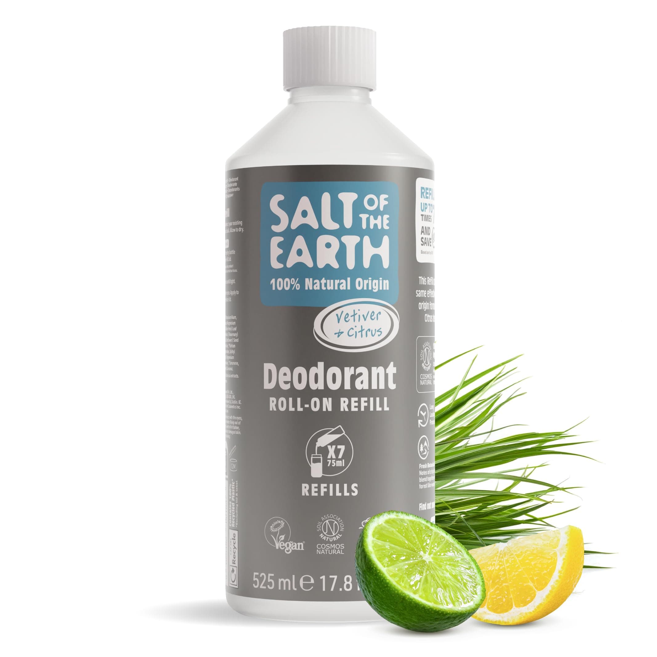 Natural Deodorant Roll On Refill by Salt of the Earth, Vetiver & Citrus - Vegan, Long Lasting Protection, Leaping Bunny Approved, Made in the UK - 525ml…