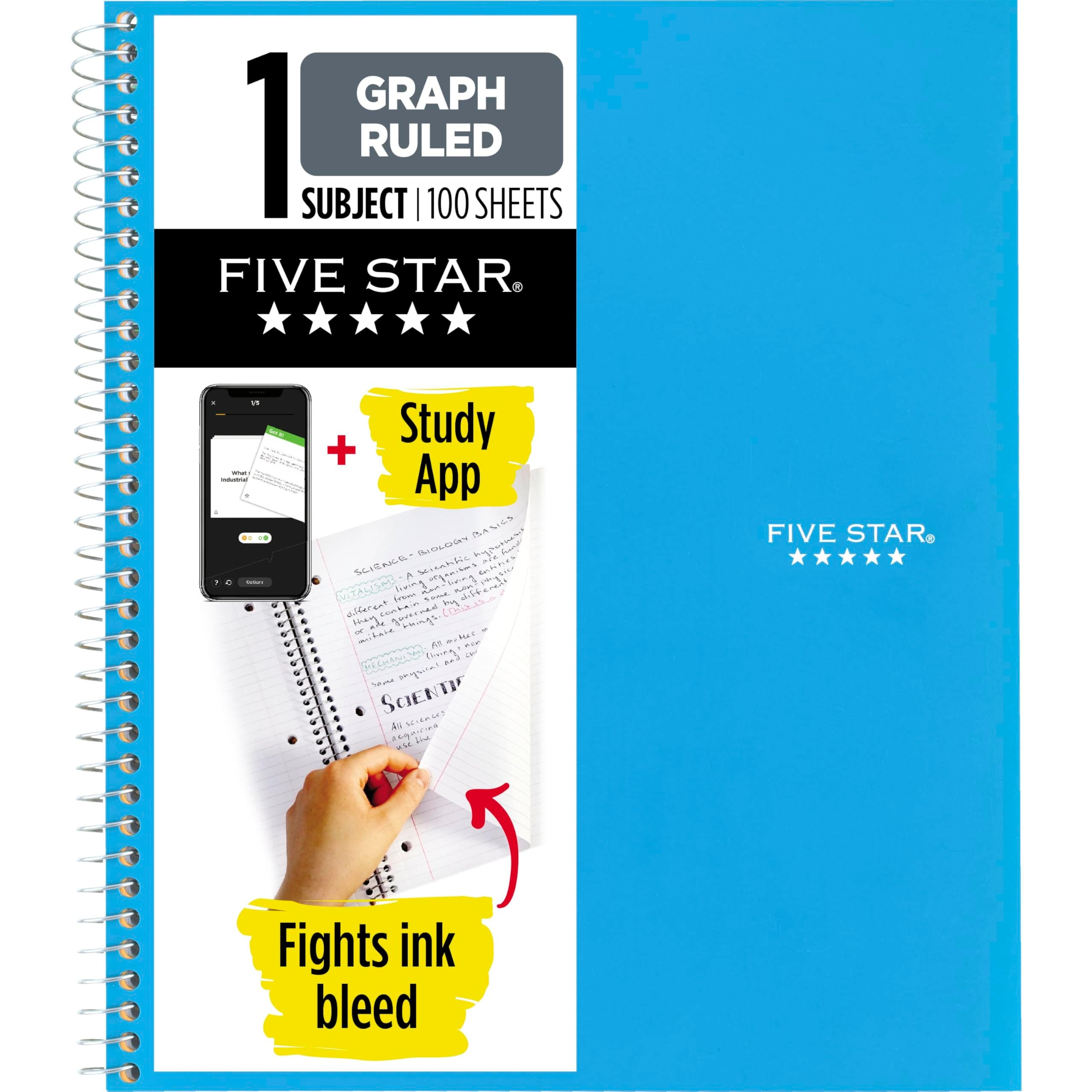 Five Star Spiral Notebook + Study App, 1 Subject, Graph Ruled Paper, 8-1/2" x 11", 100 Sheets, Fights Ink Bleed, Water Resistant Cover, Tidewater Blue (06190AA4)
