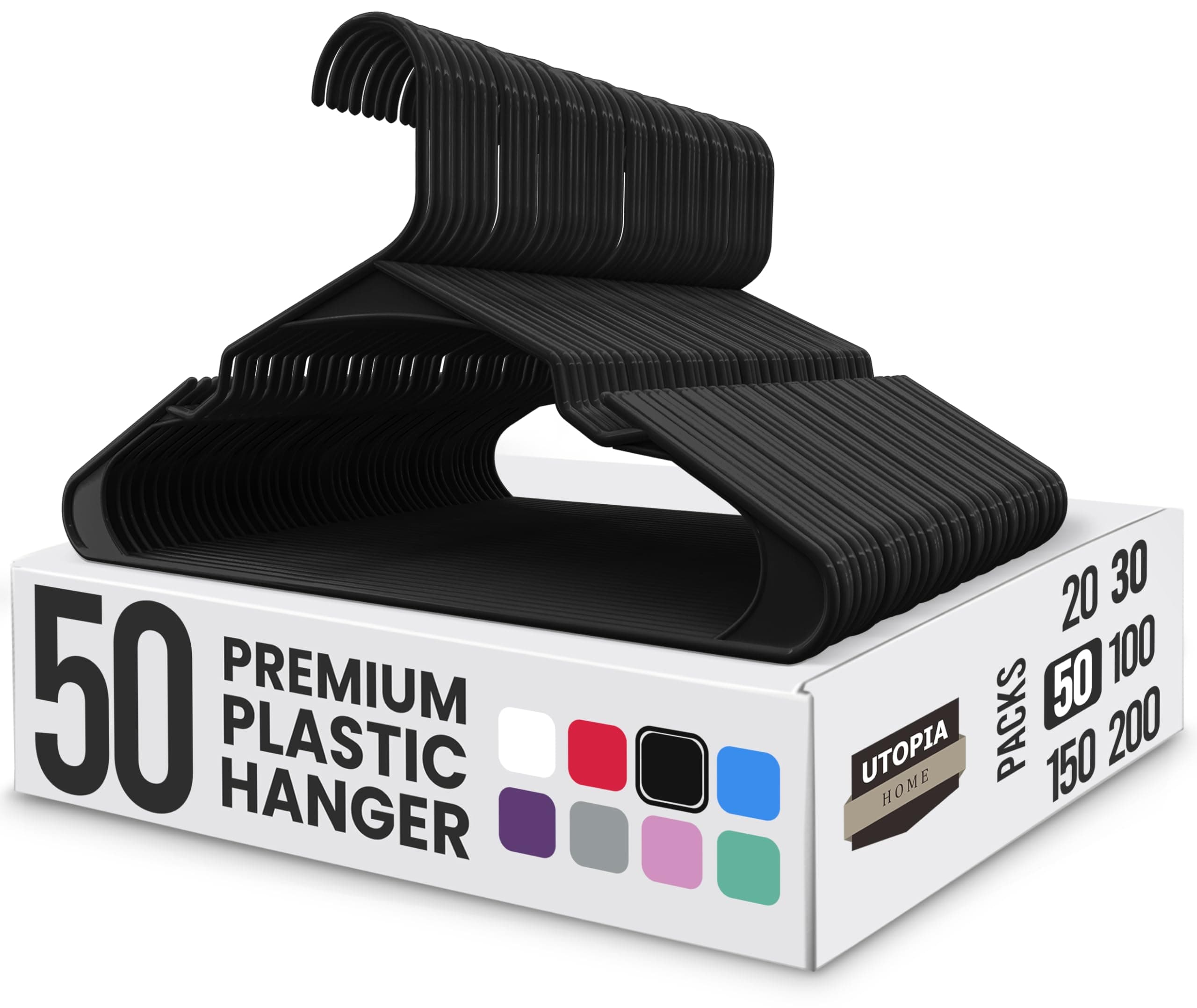 Plastic Hangers 50 Pack, Space-Saving Clothes Hangers with Non-Slip Shoulder Grooves for Strappy Clothes, Ideal for Home Closet Organization and Warddrobe Solutions (Black)