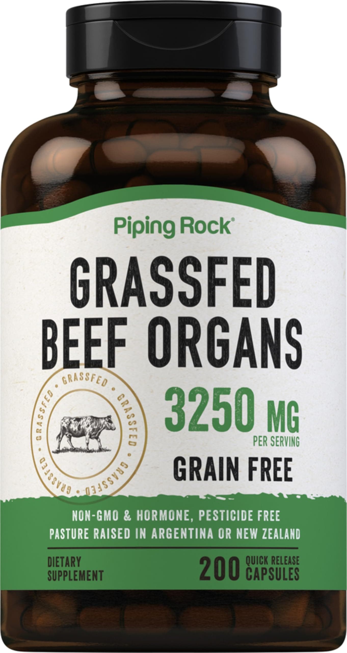 Piping Rock Grass Fed Beef Organs Supplement | 3250 mg | 200 Capsules | for Women and Men | Non-GMO, Gluten Free