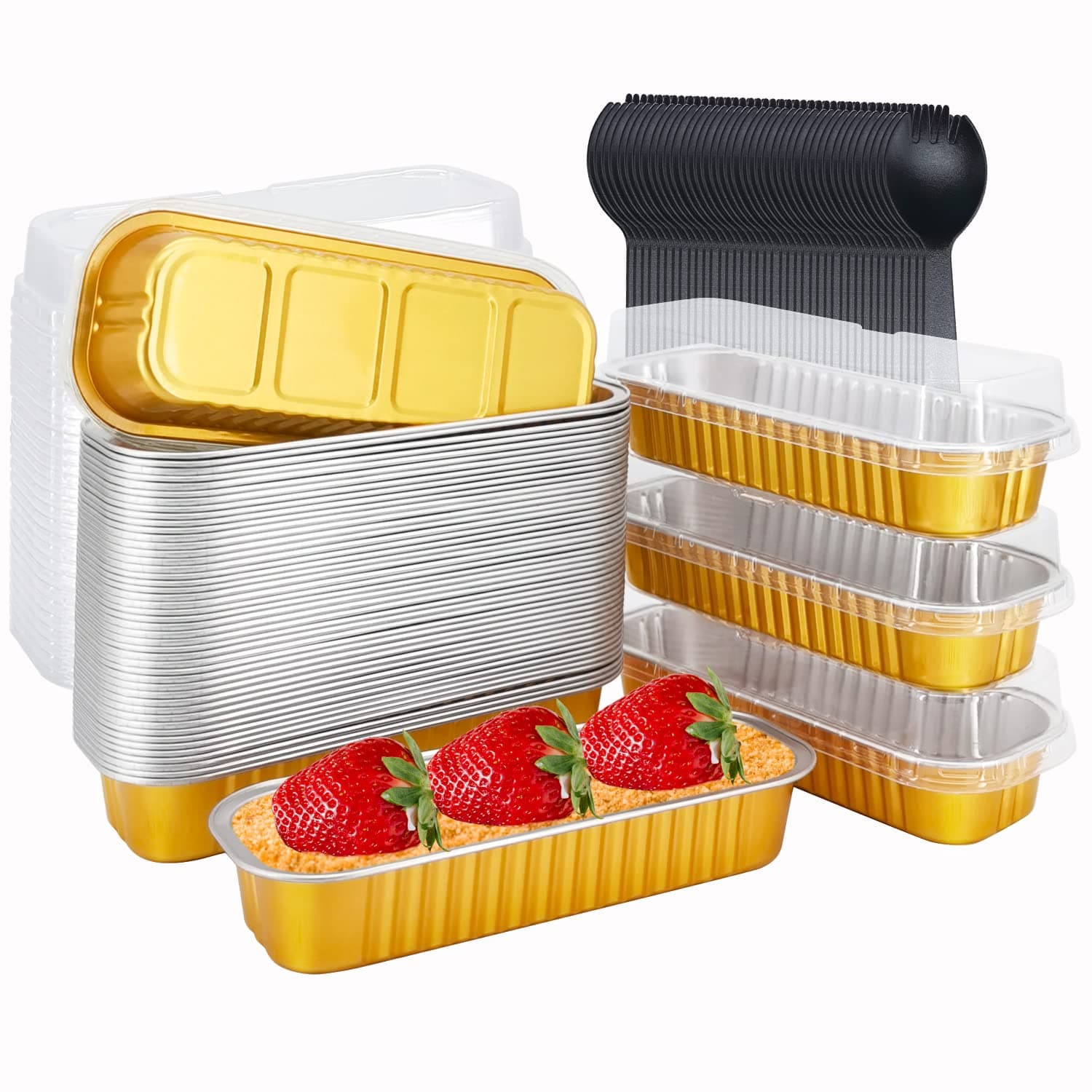 LNYZQUS Disposable Foil Mini Pans with Lids 50 Pack, 6.8oz 6.5"x2.5"x1.2" Aluminum Small Loaf Pans,Rectangle Muffin Pan Mini Cake Tins Containers for Bread Loaf -Gold