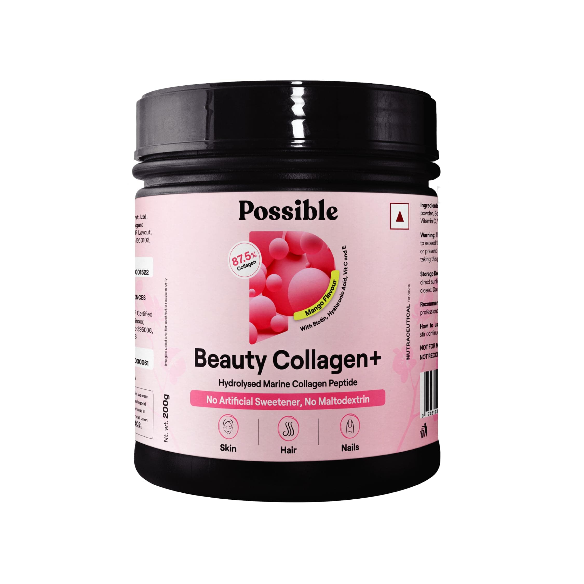 POSSIBLEBeauty Collagen+ for Men&Women | Marine Collagen Powder with Biotin,Hyaluronic Acid,Vitamins C&E for Hair, Nails,Skin Radiance & Anti-Aging | Mango Flavour | No Artificial Sweetener 200 gms(Pack of 1)