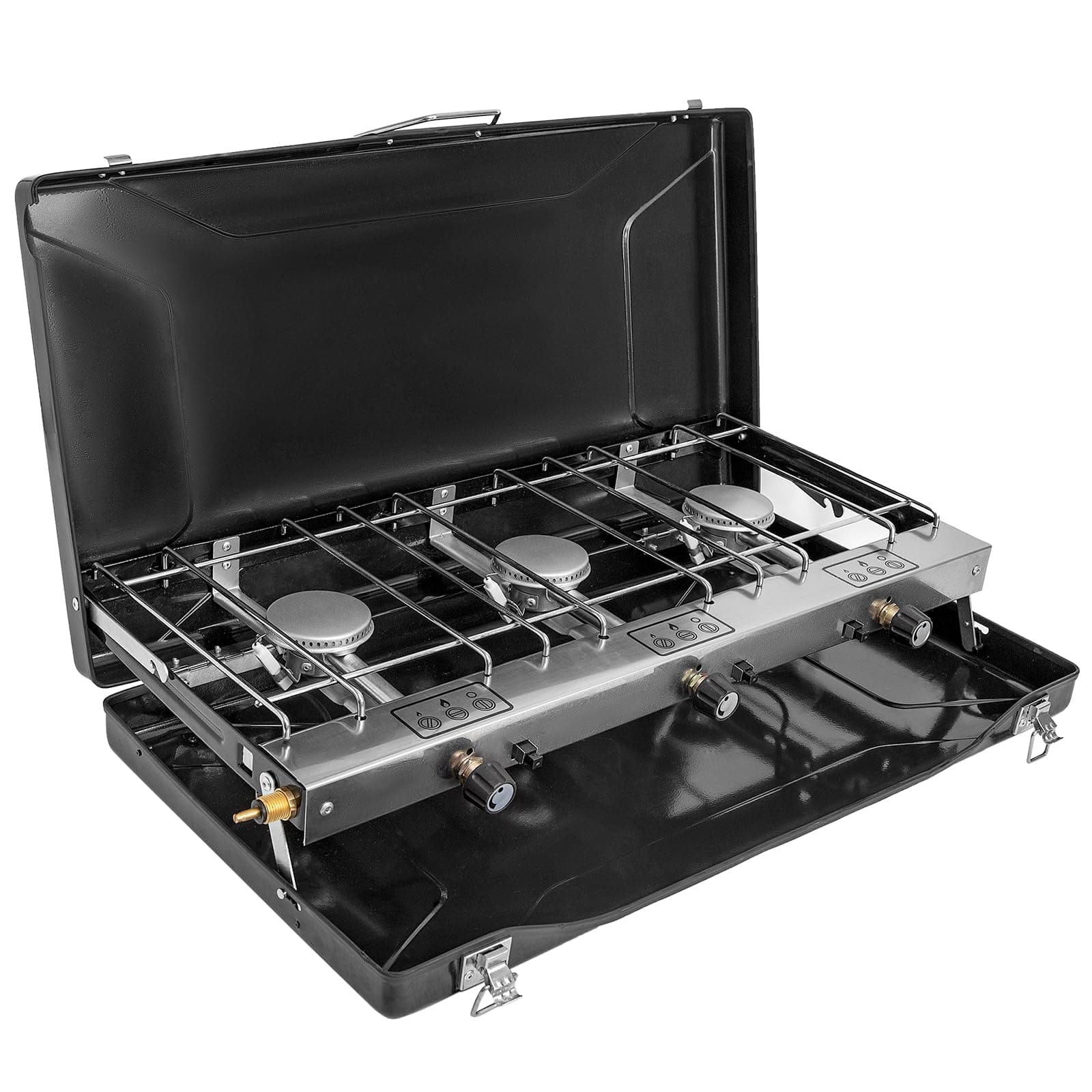 Camping Stove, Propane Portable Camp Stove with Regulator, Push-Button Instant Ignition, Adjustable Burners & Wind Guards for Car BBQ Picnics Outdoor Camping Cooking (19800 BTU-3 Burner)