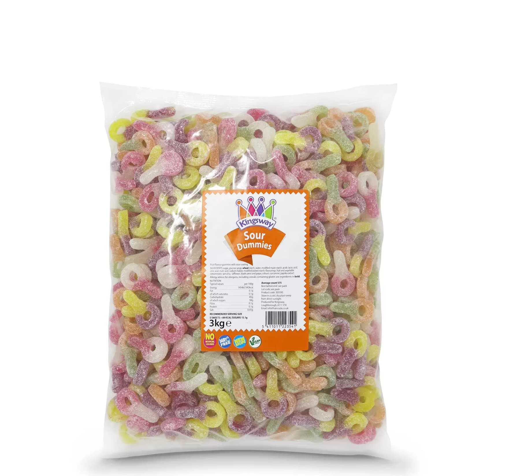 Kingsway Sweets Bulk Wholesale Bags, Pick n Mix, Fizzy, Non Fizzy, Jellies, Classic Sweets (Kingsway Sour Dummies, 3KG Bulk Bag)
