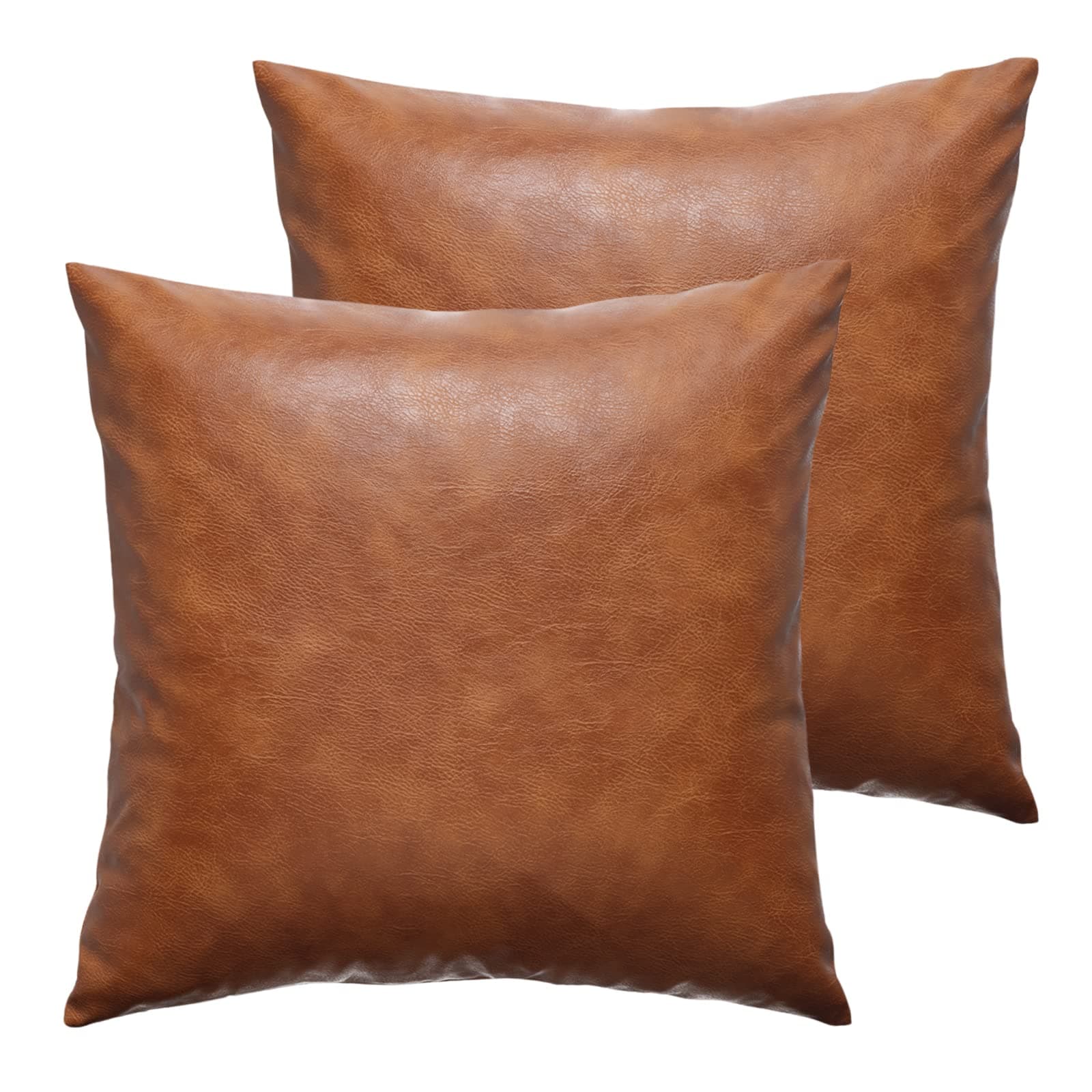 GEGELICA Set of 2 Brown Faux Leather Throw Pillow Covers 18X18 Inch Modern Minimalist Farmhouse Solid Outdoor Cognac Boho Decorative Pillow Covers for Room Couch Living Bedroom Bed Sofa