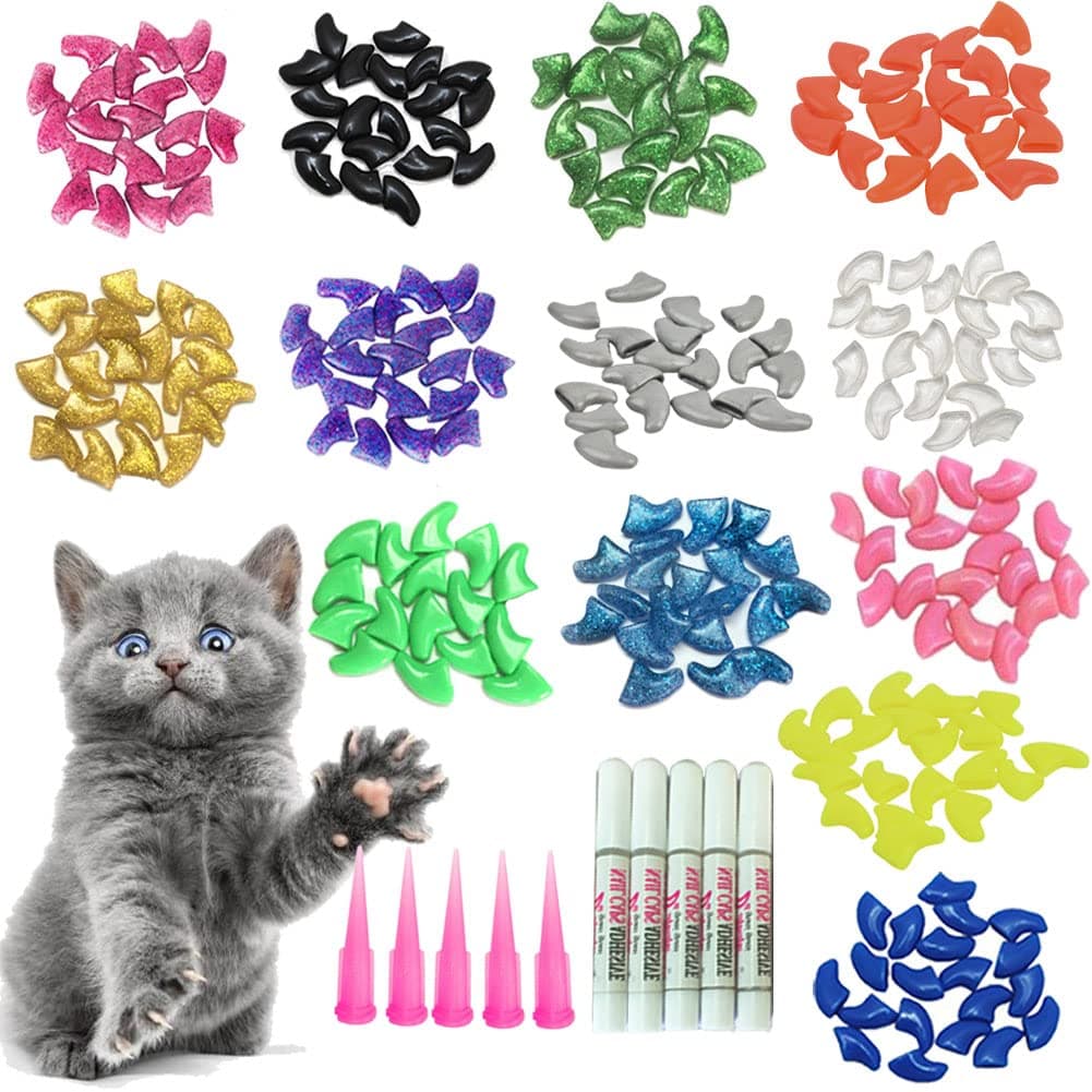 140pcs Cat Nail Caps Pet Cat Kitty Soft Claws Covers Control Paws of 7 Shinning Glitter Crystal Colors Nails Caps and 7Pcs Adhesive Glue 7 Applicator with Instruction