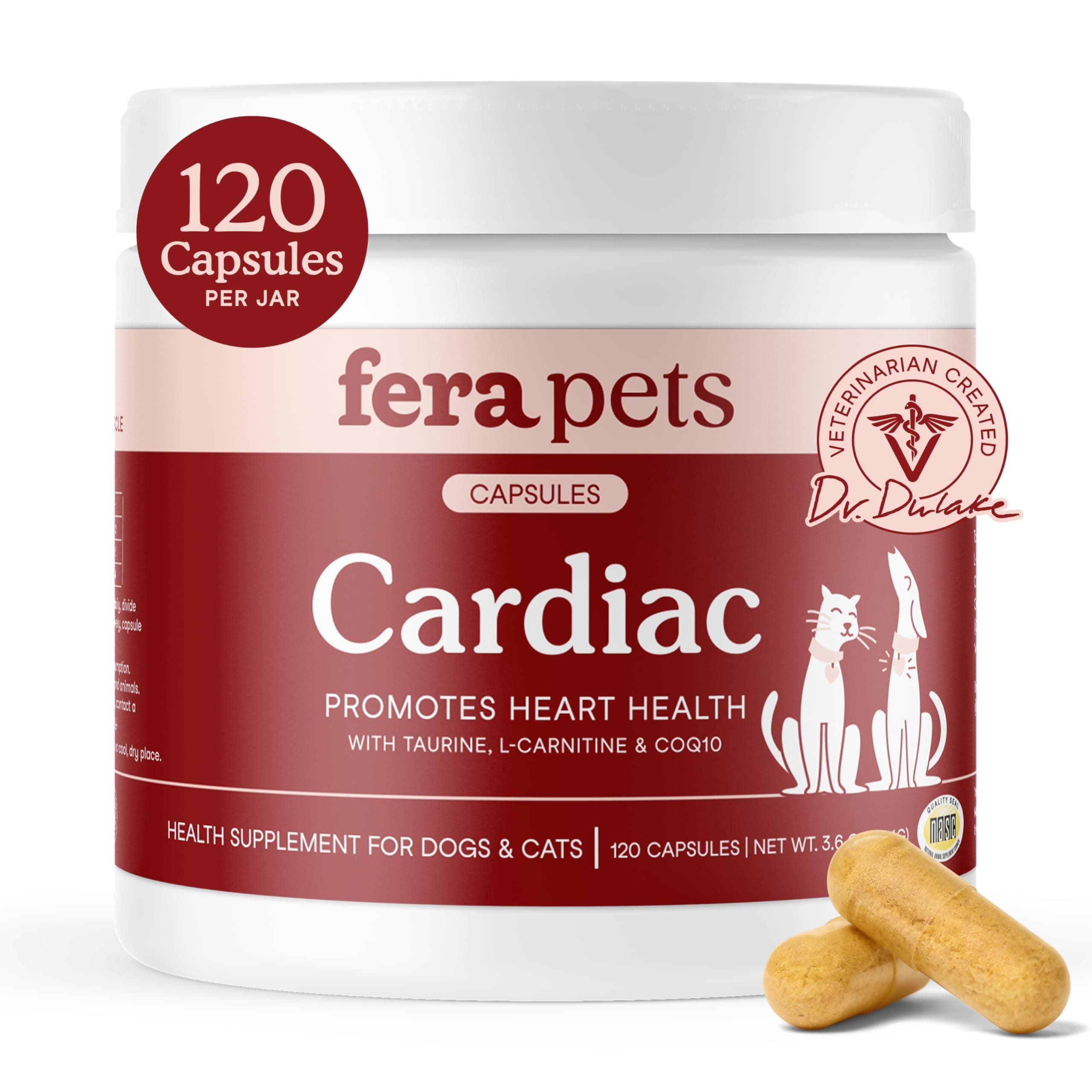 Fera Pets Cardiac Support - Cat & Dog Heart Supplement with Taurine, L-Carnitine, & CoQ10 - Promotes Normal Circulation and Heartbeat - 120 Capsules