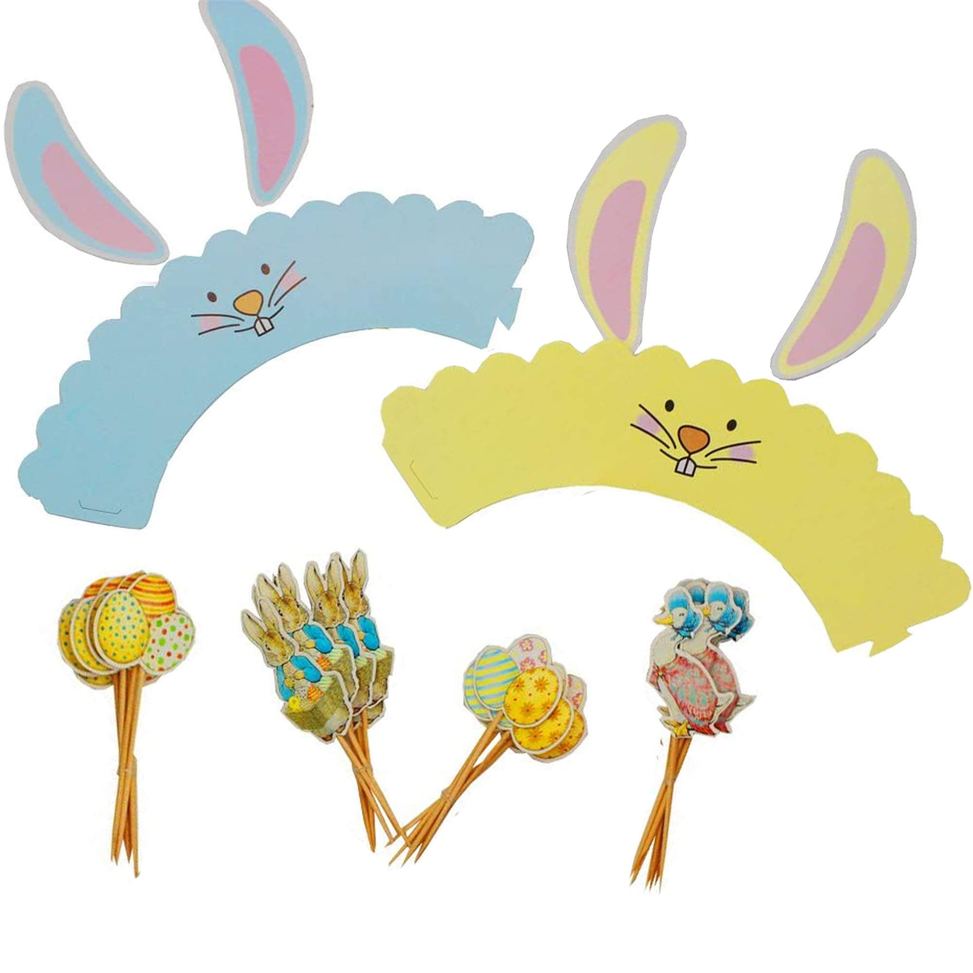 Youshe 24Pcs Double-sided Rabbit, Duck, Easter Eggs Cupcake Picks Cake Toppers And 24PCs Rabbit Paper Easter Cupcake Wrappers for Fun Easter Party Decoration Set, 48pc/set in Total