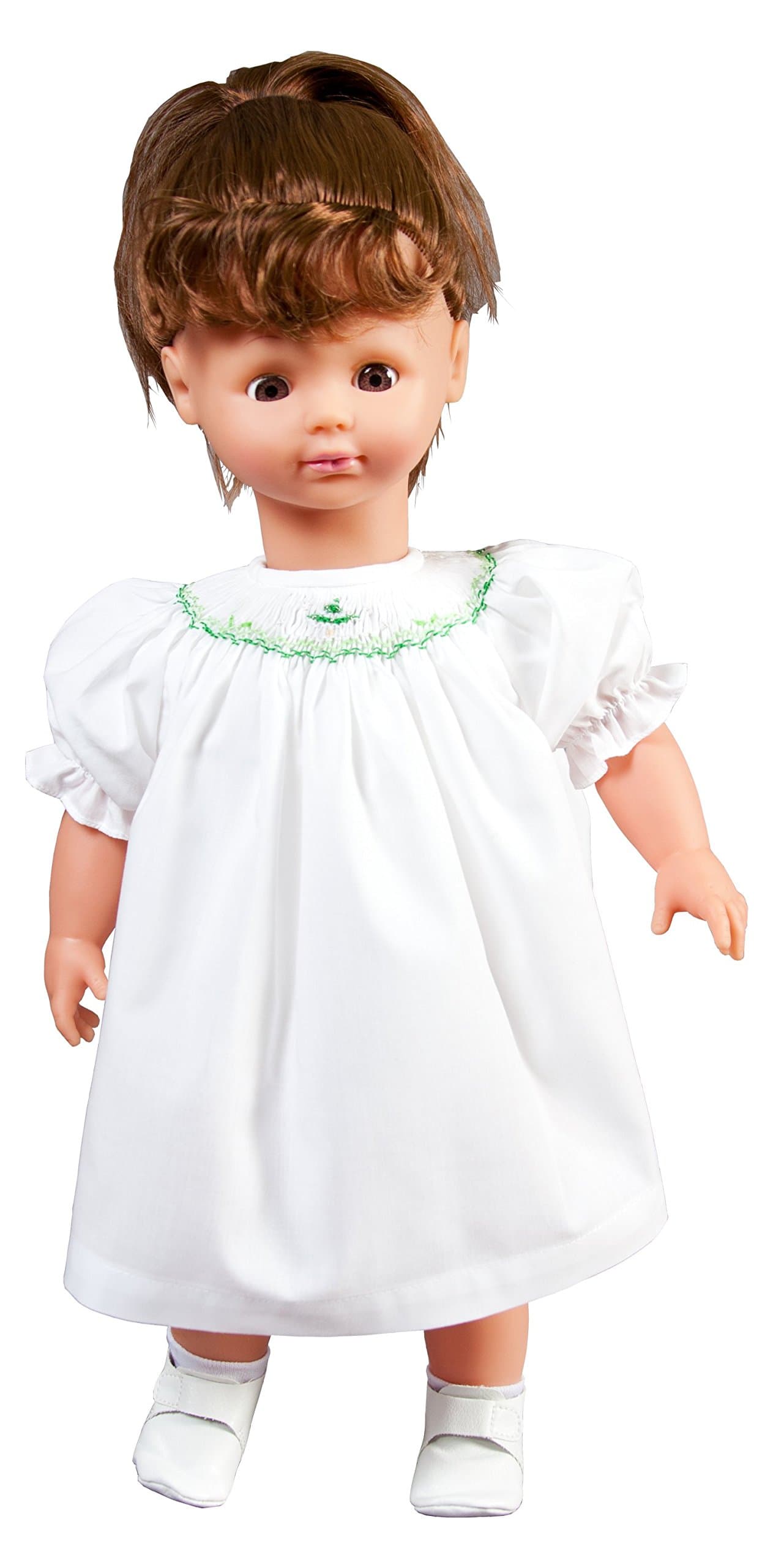 Annie Brown Hair Brown Eyes 19" Rosalina Doll Wearing Green Snowy Tree White Smocked Doll Dress