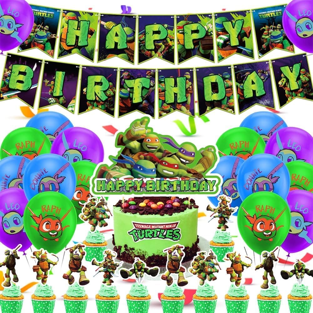 Turtles Birthday Party Supplies - Theme Decorations Set Includes Banner, Balloons, Cake Toppers for Boy & Girl Parties