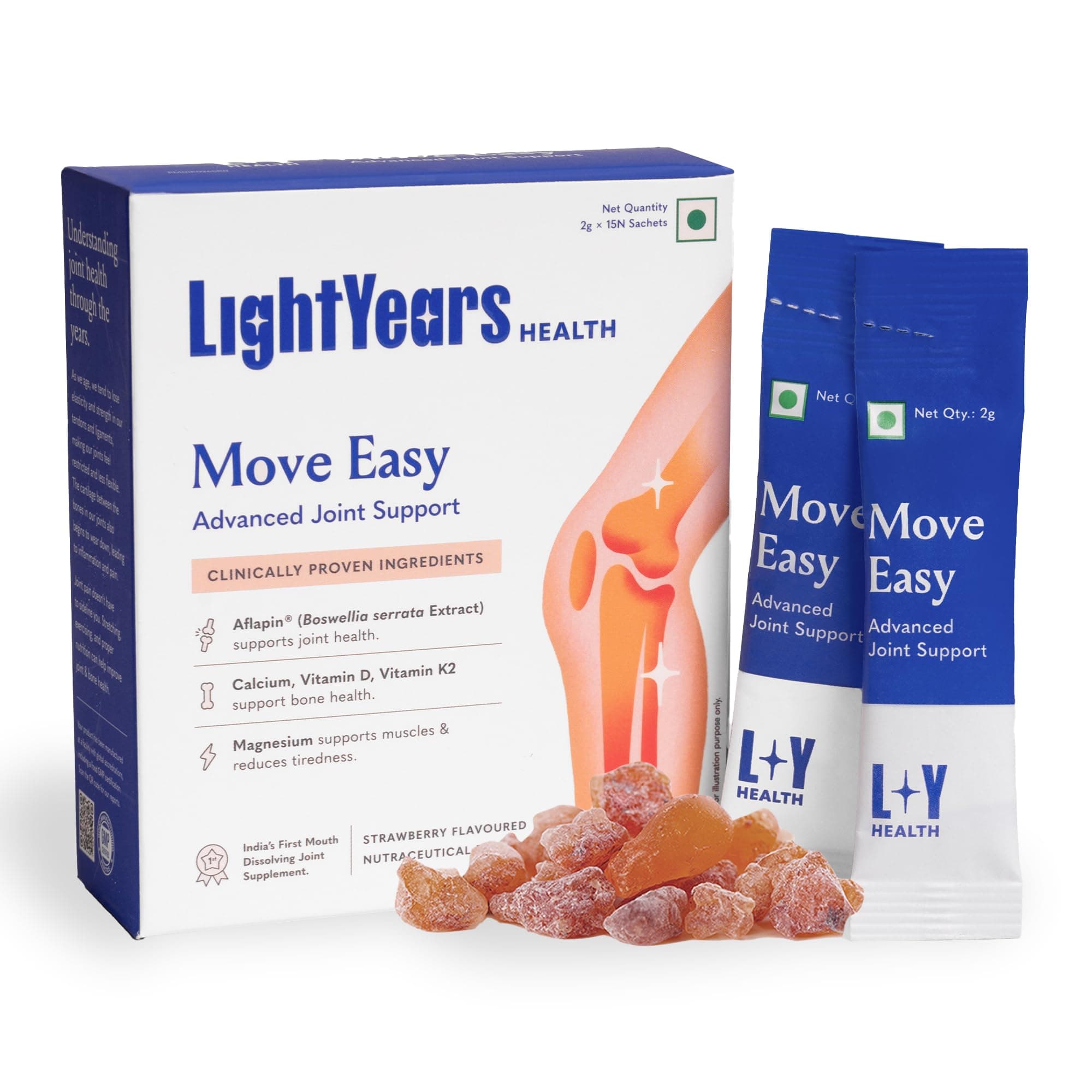 LightYears Move Easy | Advanced Joint Support Supplement | Clinically Proven Ingredients | Boswellia Serrata, Magnesium, Calcium, Vitamin D, Vitamin K2-7 | Mouth-Melting Powder | 15 Sachets