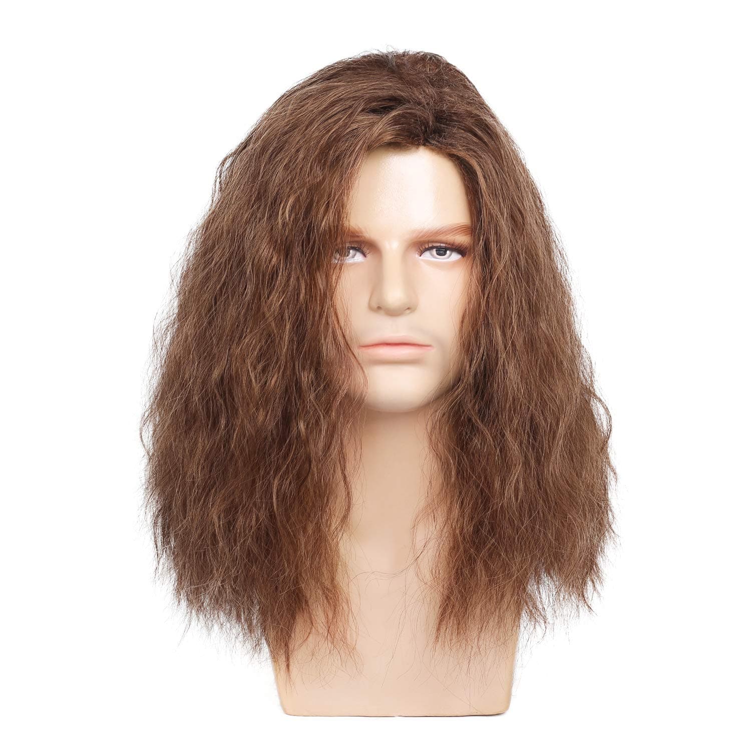 Mens Long Brown Wig Mid Length Synthetic Hair for Male Halloween Cosplay 80s Costume Wig