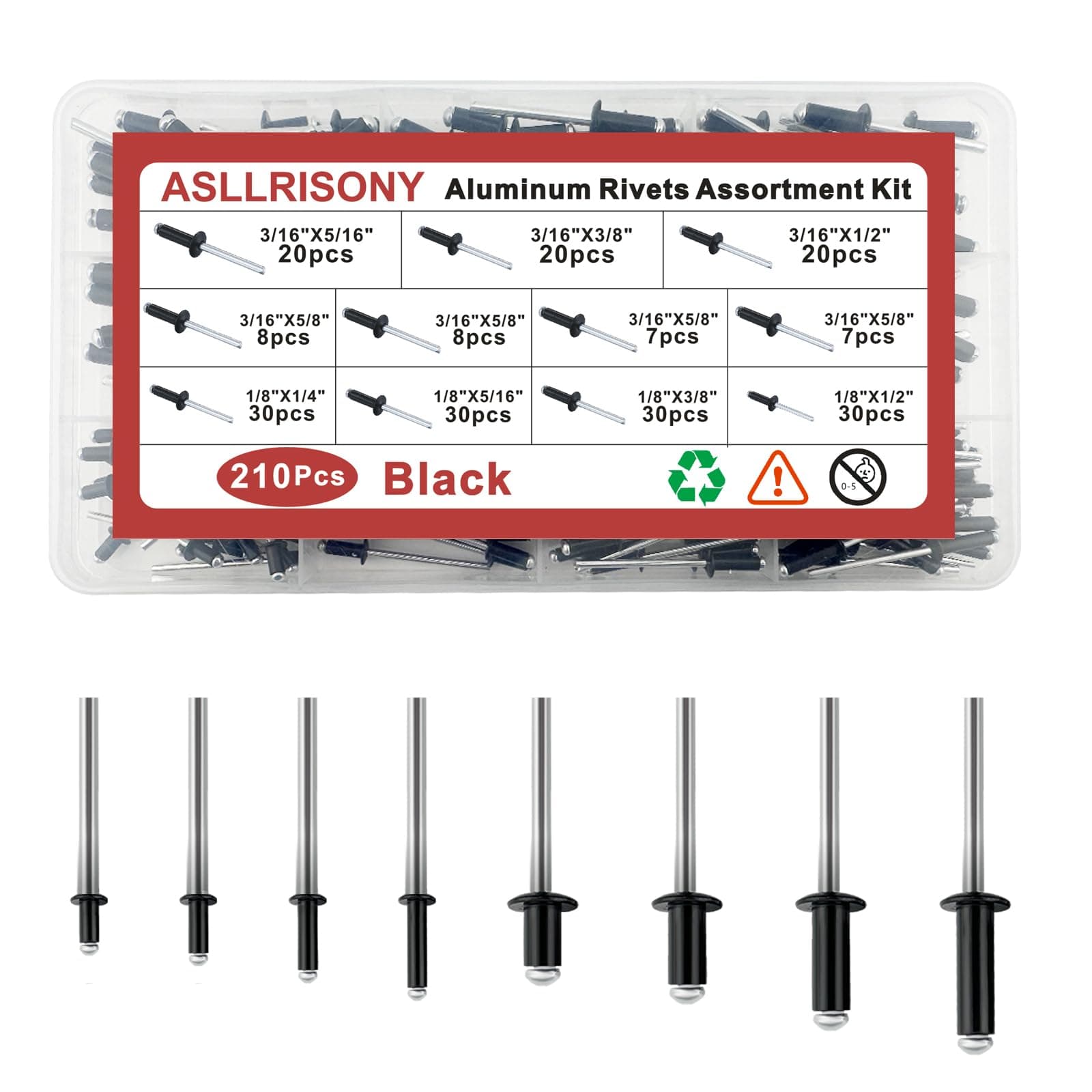 ASLLRISONY 210pcs Rivets Pop Rivets Assortment Kit, 8 Sizes Aluminum Rivets (3/16'',1/8''),Aluminum blind pro Rivets for DIY/Automotive Repairs/Metal/Furniture/Instruments(Black)