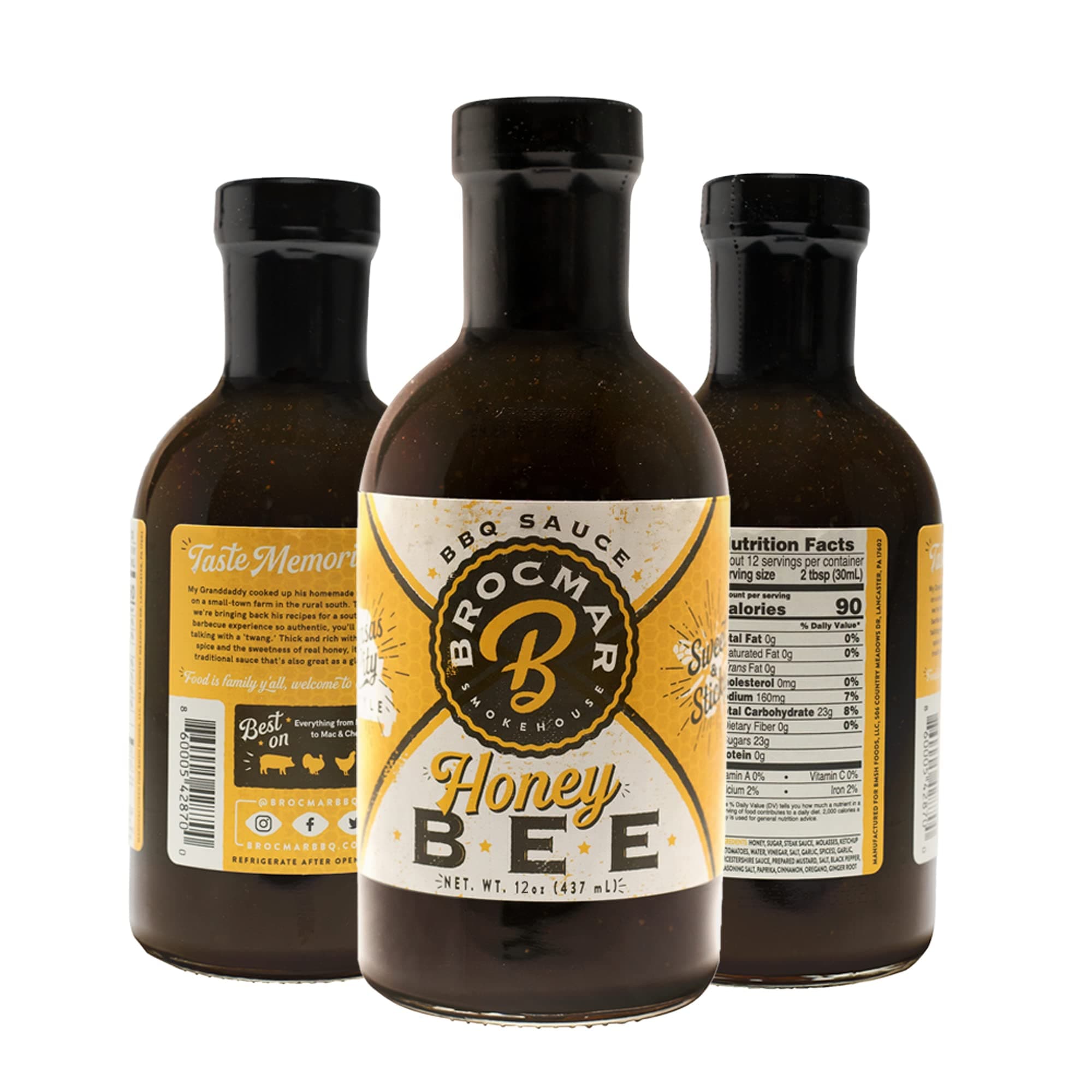 Brocmar Smokehouse Honey Bee Craft BBQ Sauce, Sweet and Sticky Barbecue Sauce for Pork, Turkey, Chicken, Seafood, Naturally gluten free - 12oz Stout Bottle